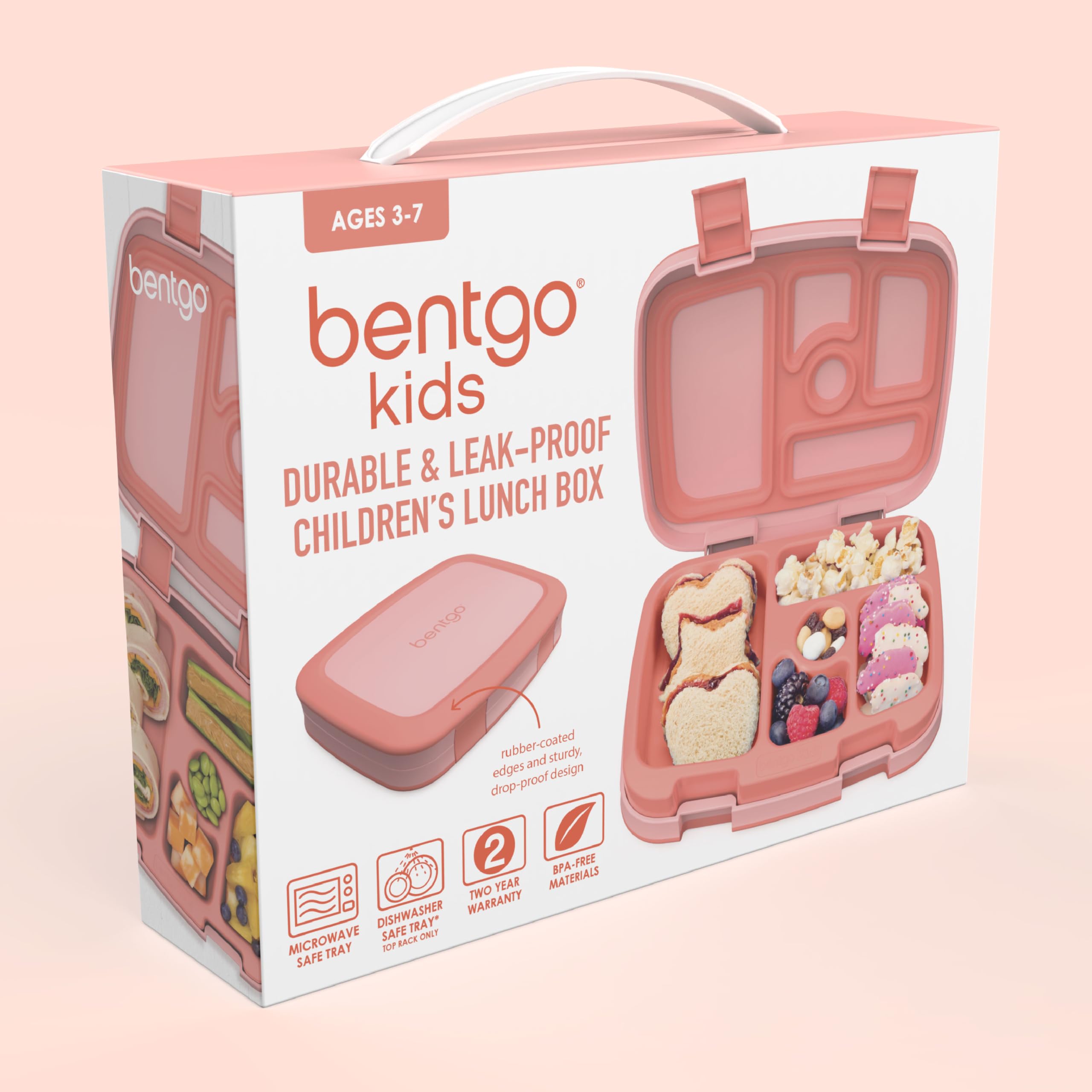 Bentgo® Kids Bento-Style 5-Compartment Lunch Box - Ideal Portion Sizes for Ages 3 to 7 - Leak-Proof, Drop-Proof, Dishwasher Safe, BPA-Free, & Made with Food-Safe Materials (Coral)