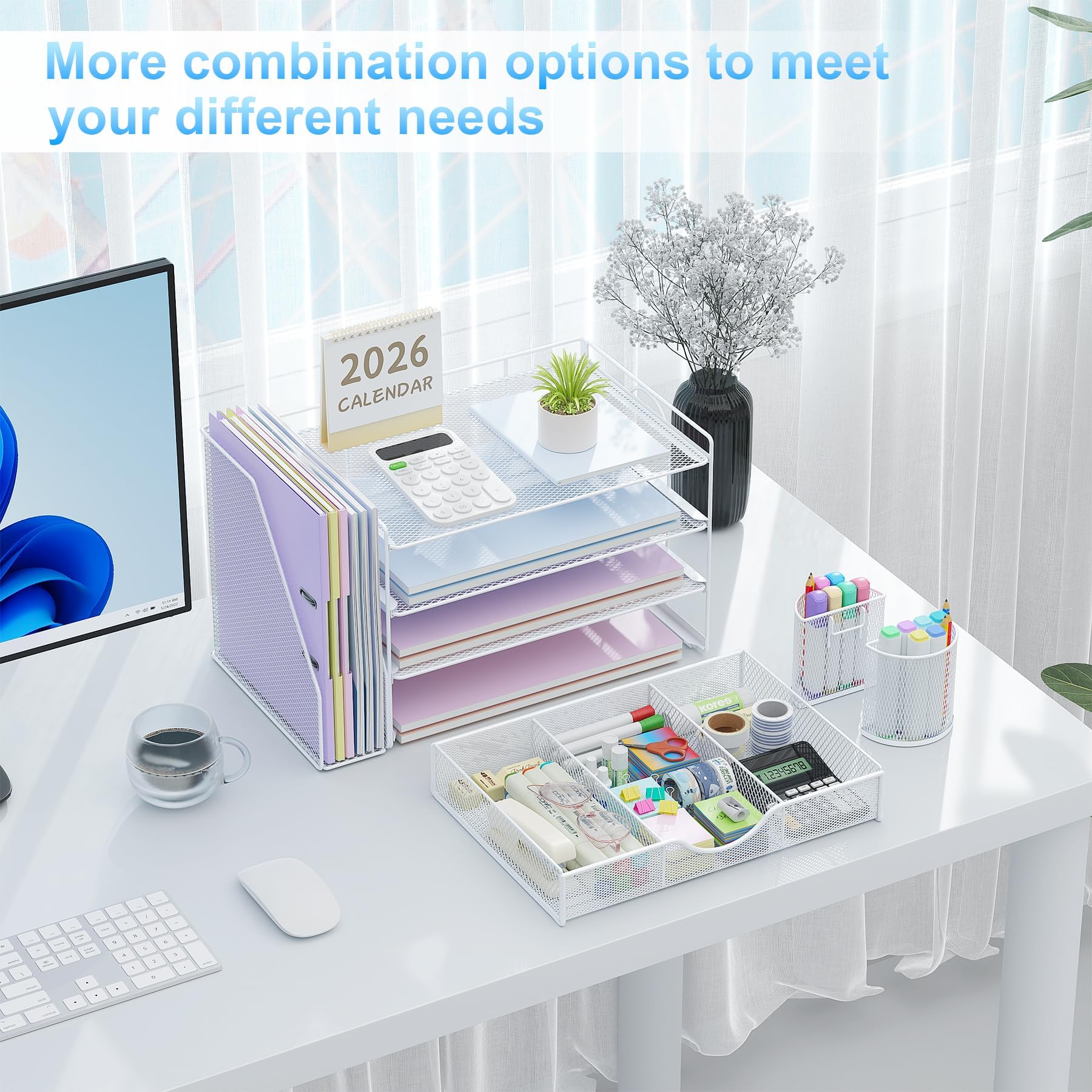 Desk Organizer with File Holder, 4-Tier Paper Tray with Drawer and 2 Pen Holders, Mesh Office Desk Accessories with Magazine File Holder, Desk Tidy for Office Supplies (White)