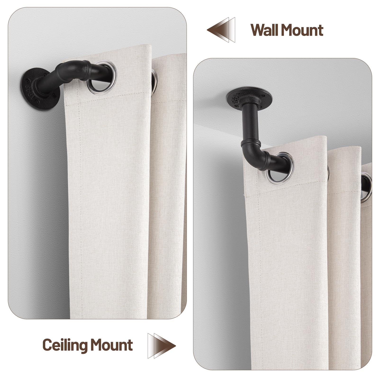 Zeerobee Curtain Rods for Windows 66 to 120, 1 Inch Industrial Wrap Around Black Curtain Rod, Indoor/Outdoor Room Divider Adjustable Drapery Pole, 66"-120"