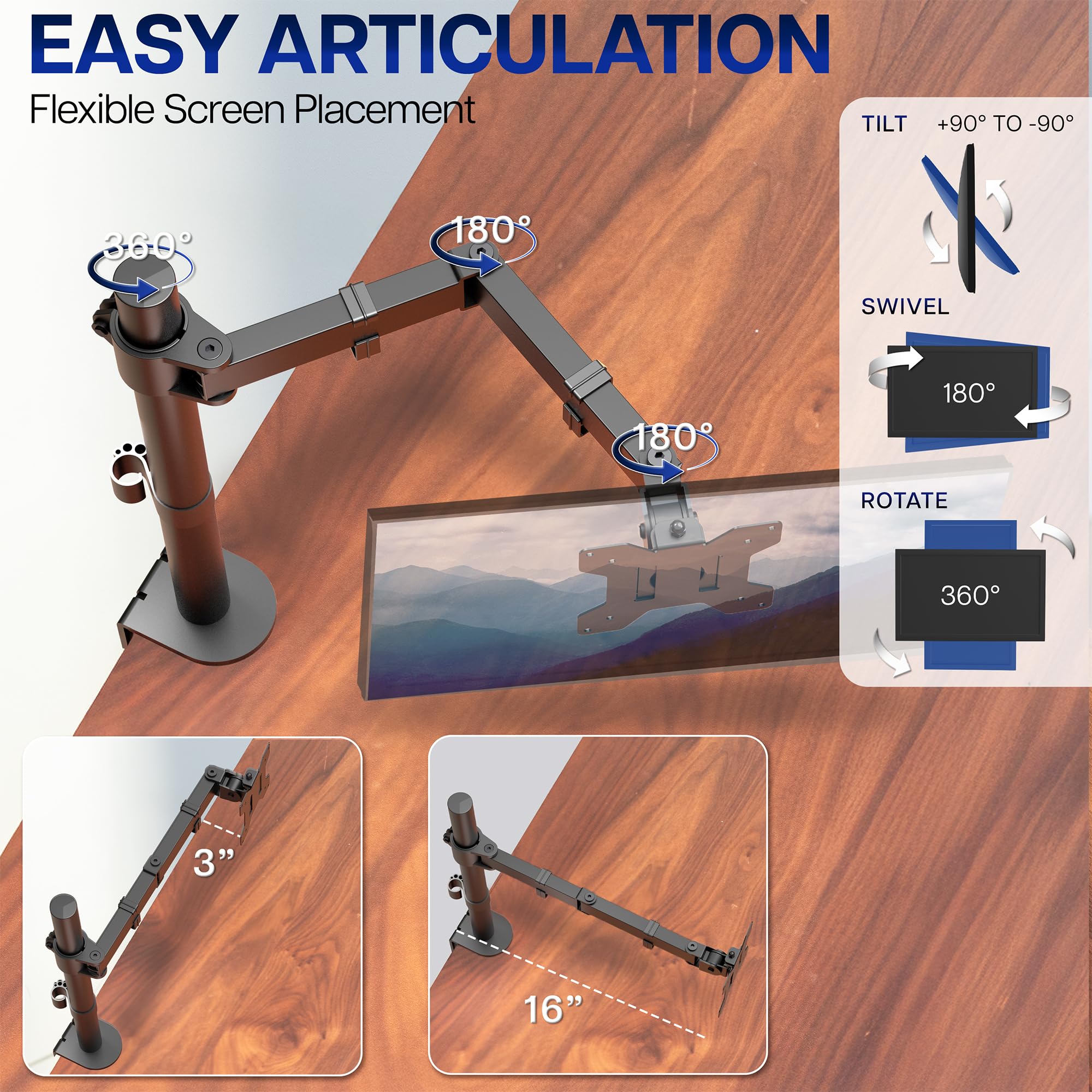 VIVO Single Monitor Arm Desk Mount, Holds Screens up to 32 inch Regular and 38 inch Ultrawide, Fully Adjustable Stand with C-Clamp and Grommet Base, VESA 75x75mm or 100x100mm, Black, STAND-V001