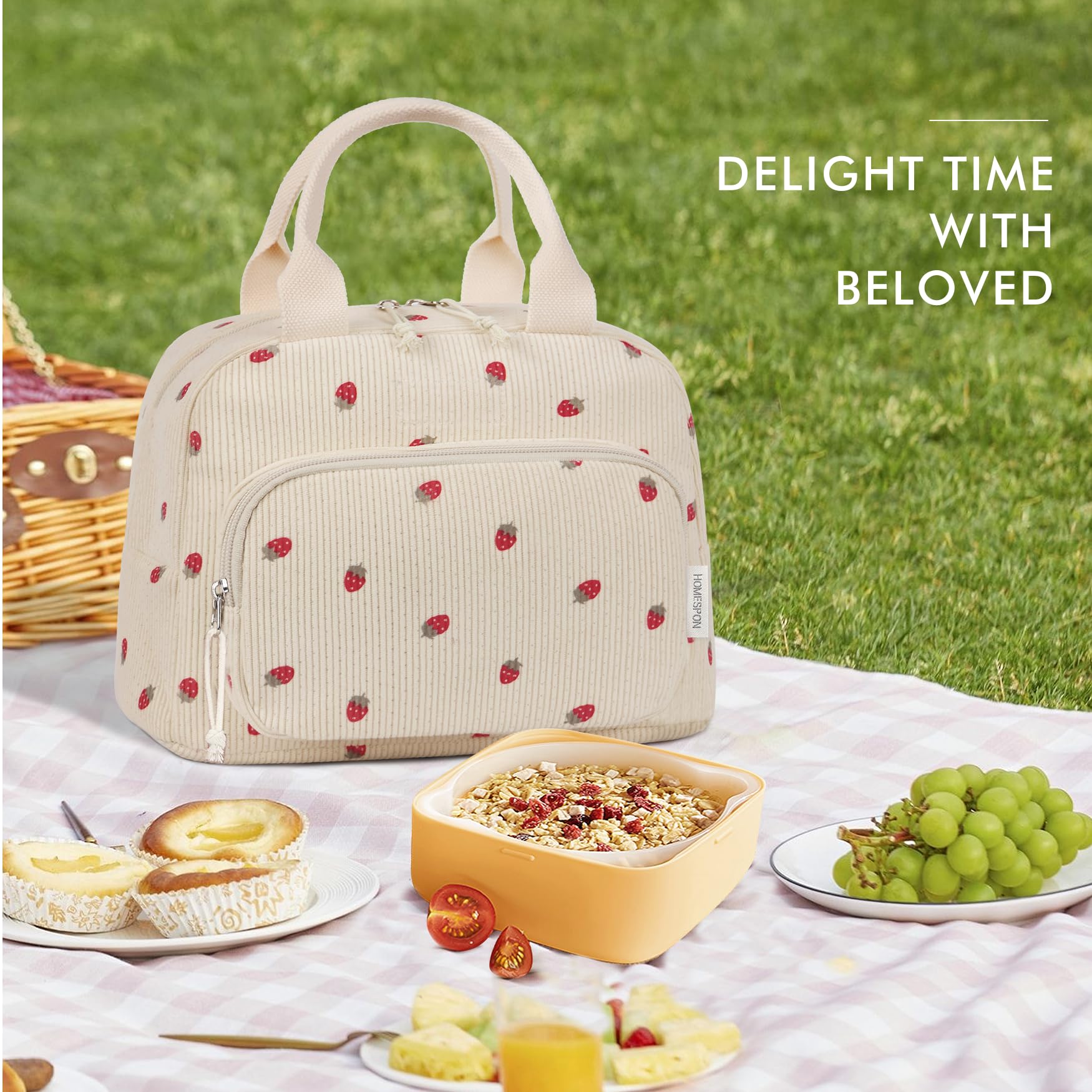 HOMESPON Lunch Bag for Women Men Adults with Front Pocket Cute Corduroy Insulated Lunch Tote Large Capacity Lunch Box Cooler Container for Work Picnic or Travel (Strawberry Beige)