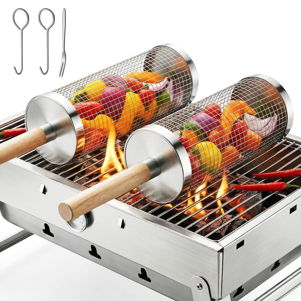 Fohil 2PCS Rolling Grill Baskets with Removable Wooden Handle, 304 Stainless Steel Rotating Grill Cage for BBQ Camping Outdoor, Grilling Basket for Vegetables, Shrimp, Meat, Gift for Men Dad, Husband
