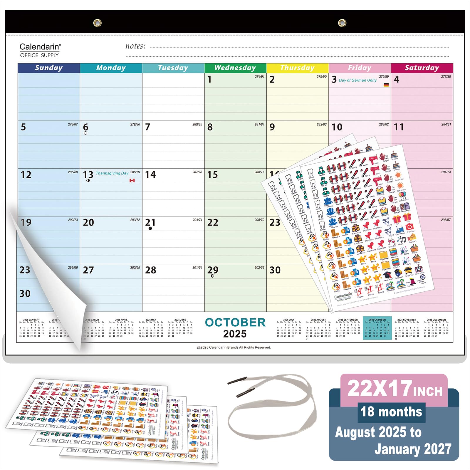 Calendarin Super Large Desk Calendar 2026 for Canada, 22x17 Inch 18-Month from August 2025 to January 2027, Color Coded Blocks, Thick Paper, Perfect as Family Personal Organizer for Home Office