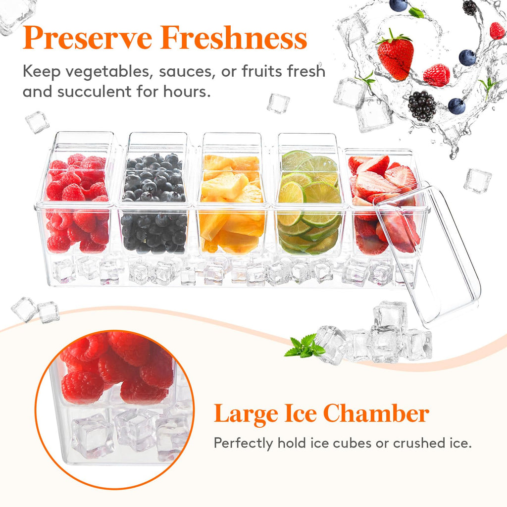 Lifewit Ice Chilled Condiment Caddy with 5 Containers(2.5 Cup), Condiment Server with Separate Lids, Serving Tray Platter with Removable Dishes for Bar Accessories, Fruit, Salad, Taco, Party Garnish