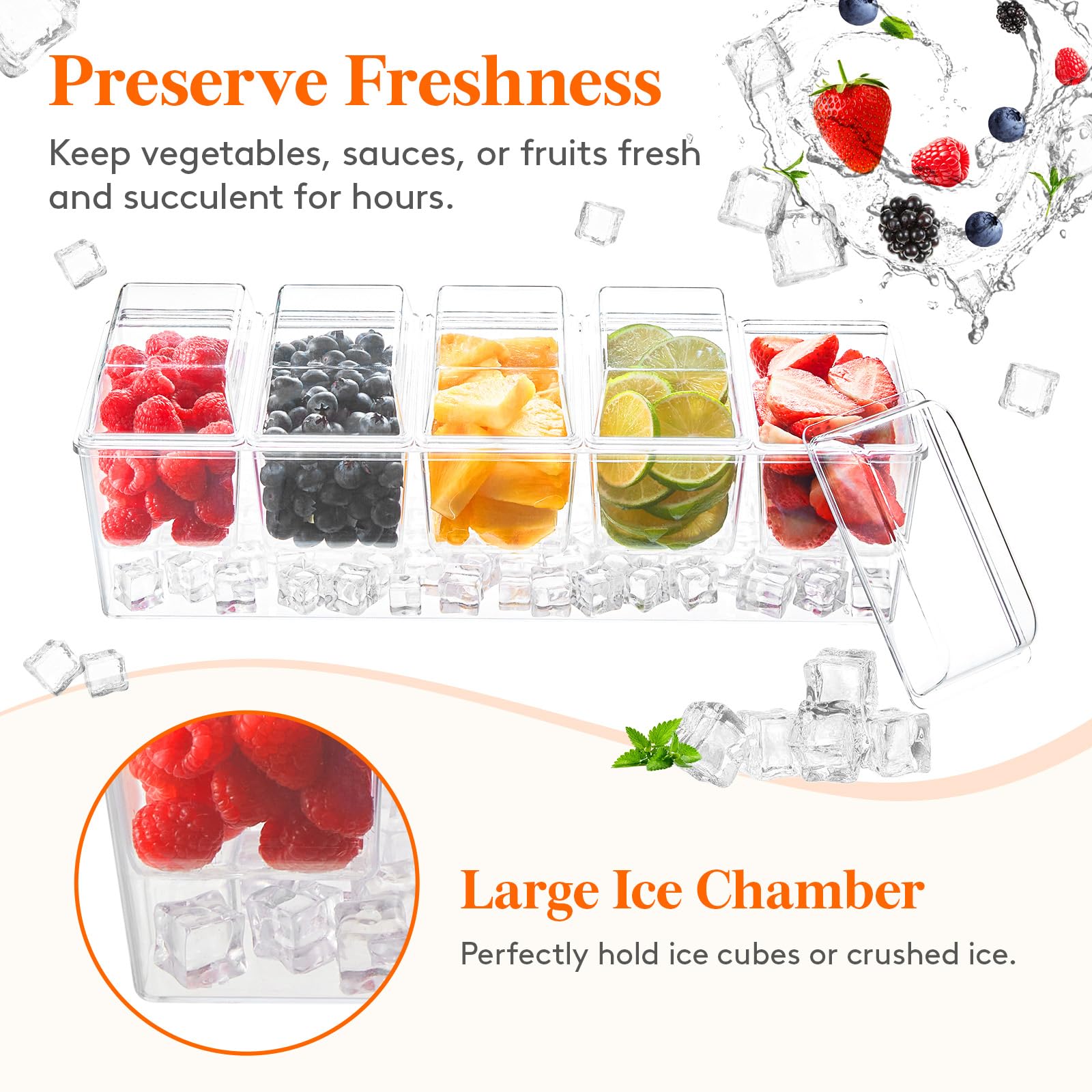 Lifewit Ice Chilled Condiment Caddy with 5 Containers(2.5 Cup), Condiment Server with Separate Lids, Serving Tray Platter with Removable Dishes for Bar Accessories, Fruit, Salad, Taco, Party Garnish
