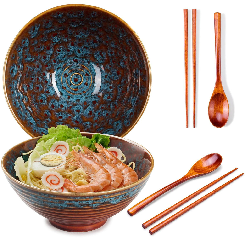2X Ceramic Ramen Bowls - 40 oz - 20cm - with Spoon and Chopsticks for Ramen Soup Pho Udon Asian Noodles, Large Noodle Bowls (Cat's Eye Glaze 2 Sets)