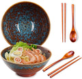 2X Ceramic Ramen Bowls - 40 oz - 20cm - with Spoon and Chopsticks for Ramen Soup Pho Udon Asian Noodles, Large Noodle Bowls (Cat's Eye Glaze 2 Sets)