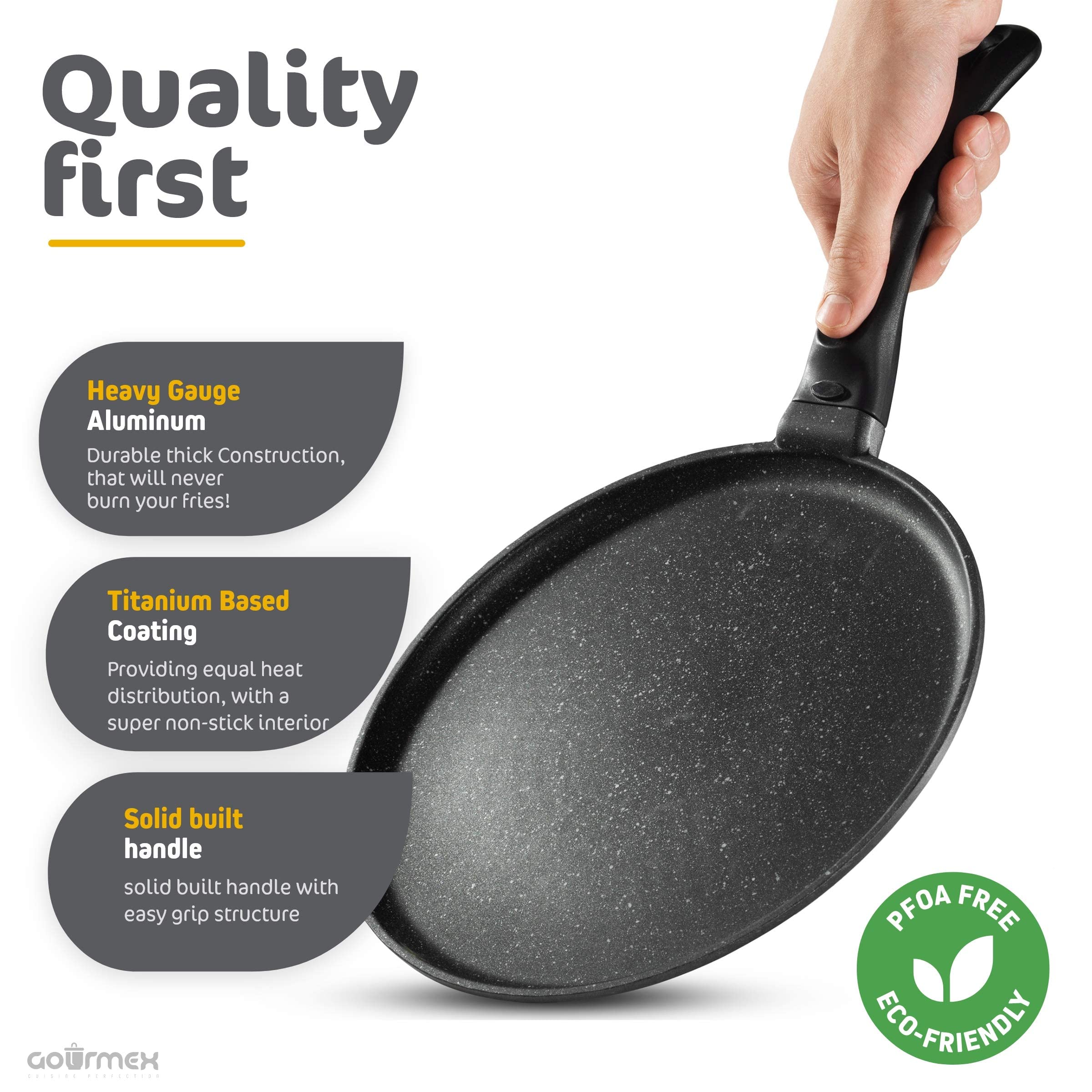 GOURMEX 26cm Induction Crepe Pan, Black, PFOA Free Nonstick Coating | Great Skillet for Omelets and Crepes | (26cm Crepe Pan)