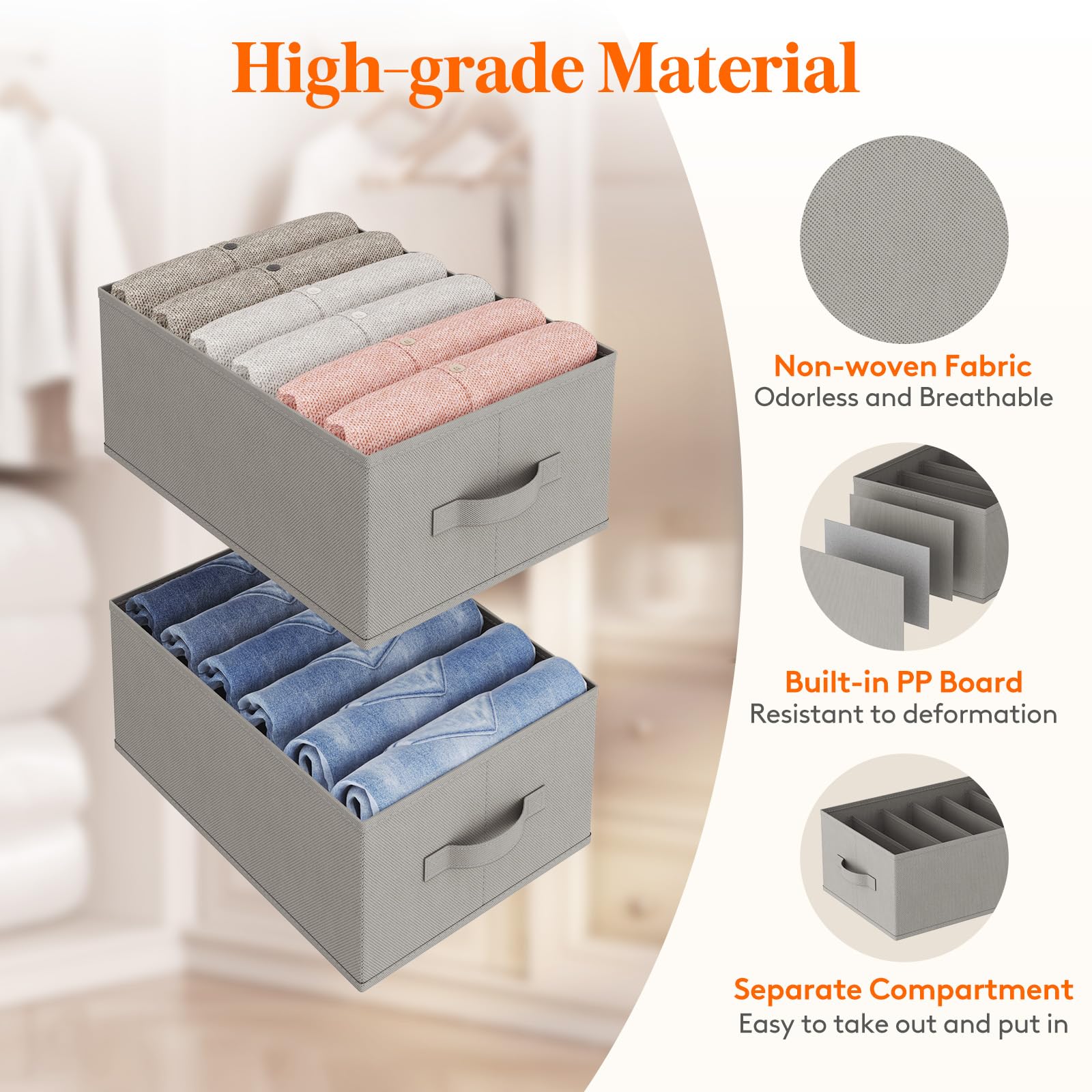 Lifewit Wardrobe Organizer Clothes, Jean Organizers for Closet with Support Board 6 Compartment Foldable Closet Drawer Storage 16.5 x 10.6 x 6.7 Inches for Pants, T-Shirts, Sweater, Legging, 6-Pack