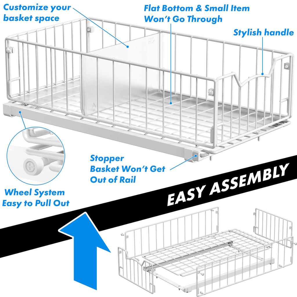 Simple Houseware Pull Out Sliding Basket Cabinet Drawer Organizer for Cupboard Storage, White