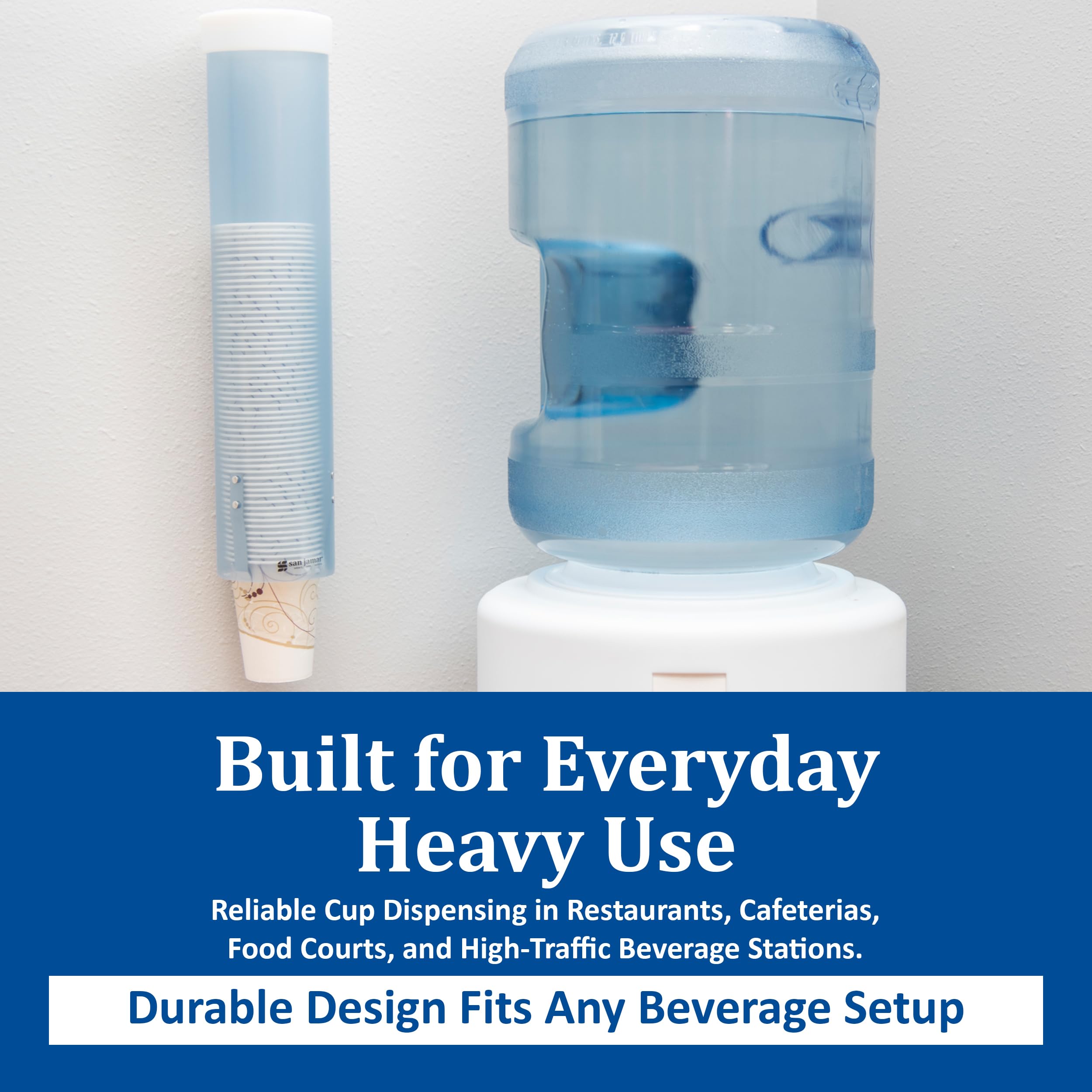 San Jamar Cup Dispenser, Pull Down Storage for Water Cooler Cups in Commercial Setting, Compatible with 4-10 Oz Cups, 1 Count, Frosted Blue
