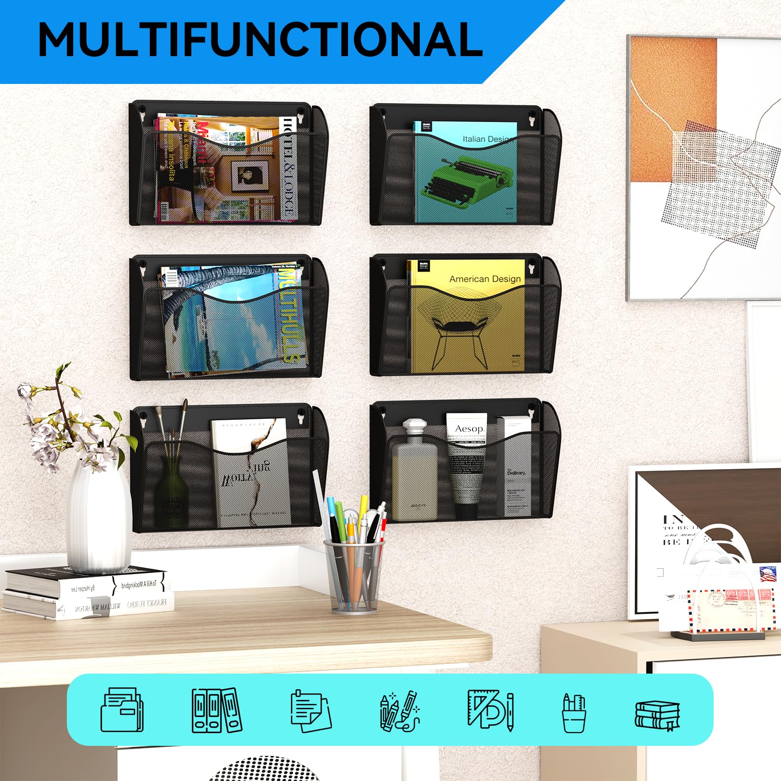 GDINDINFAN 3 Single Pocket Wall File Holder, Mesh Hanging File Folder Paper Organizer, Vertical Wall Mounted Mail Basket, Storage Organization Magazine Rack for Office, Home and School, Black