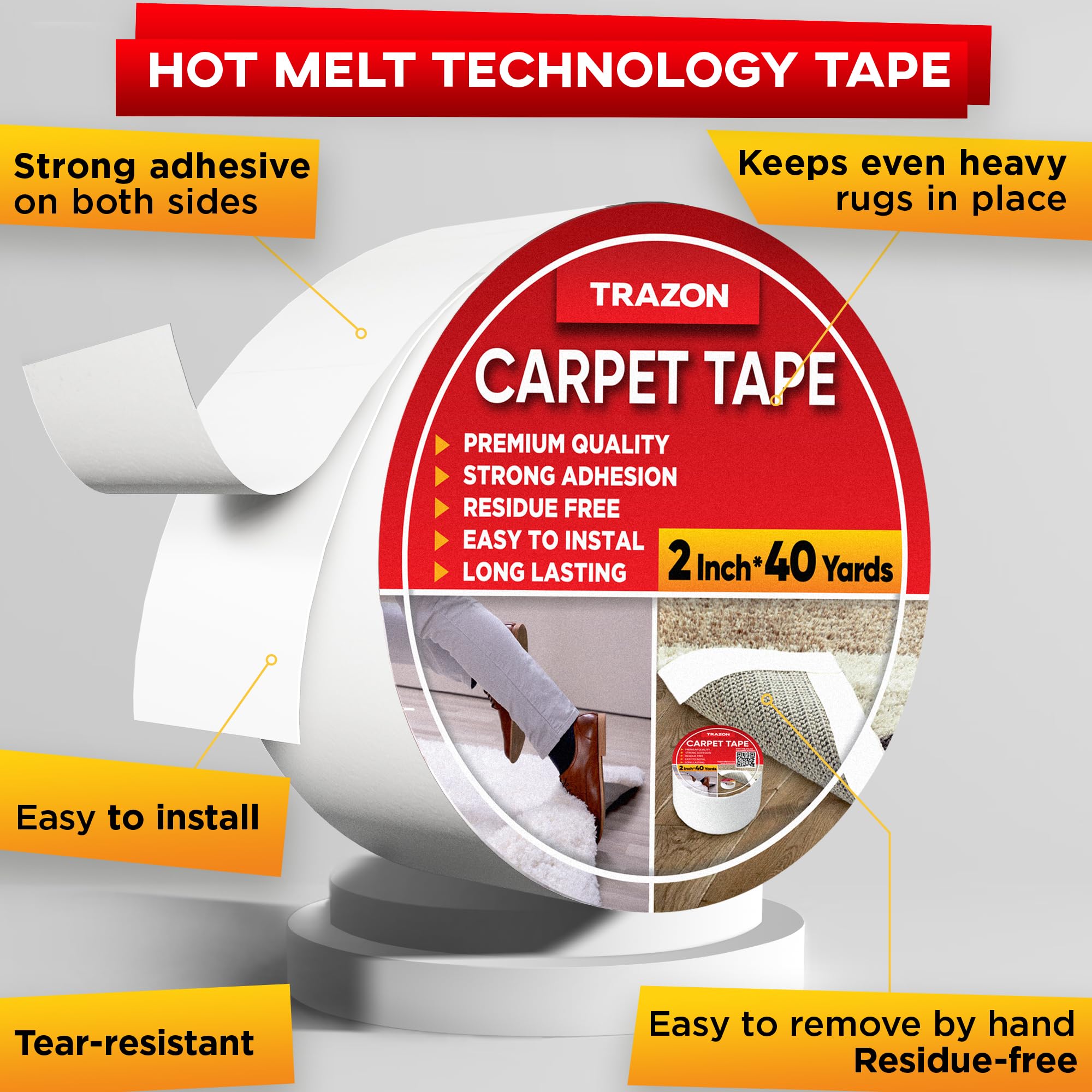 Trazon Carpet Tape Double Sided - Rug Tape Grippers for Hardwood Floors and Area Rugs - Carpet Binding Tape Strong Adhesive and Removable, Heavy Duty Stickers Tape, Residue Free (2 Inch / 40 Yards)