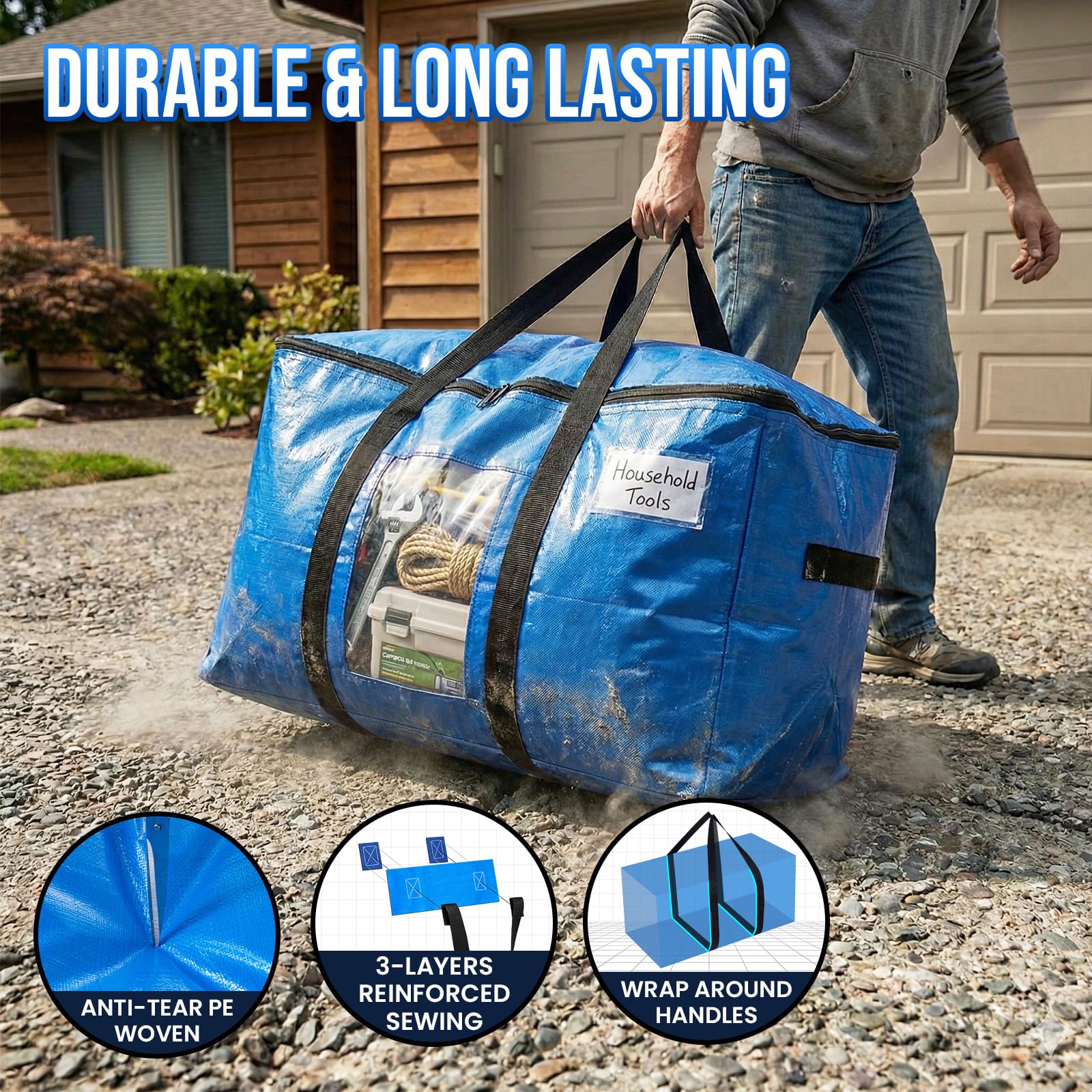 TAILI Extra Large Moving Bags, Heavy Duty Totes for Storage with Visible Window, U-Shaped Around Handles, Storage Contrainer Box for Space Saving, Blue, 4 Pack