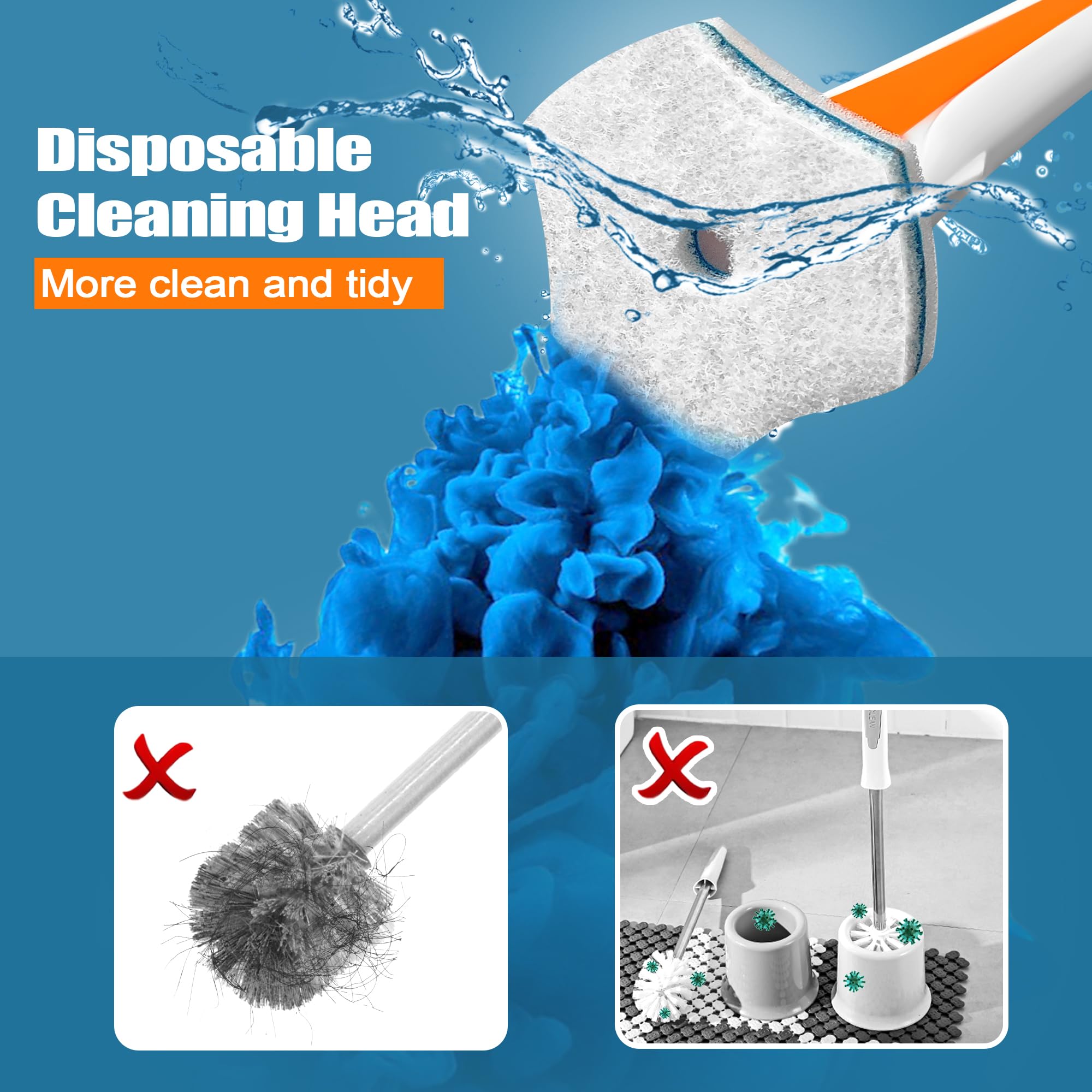 Dolanx Disposable Toilet Brush with 40 Refills, Wall Mounted Long Handle Compact Bathroom Bowl Cleaner Wand Holder Set for Sink Bathtub Wash Basin Mop Pool (Orange)
