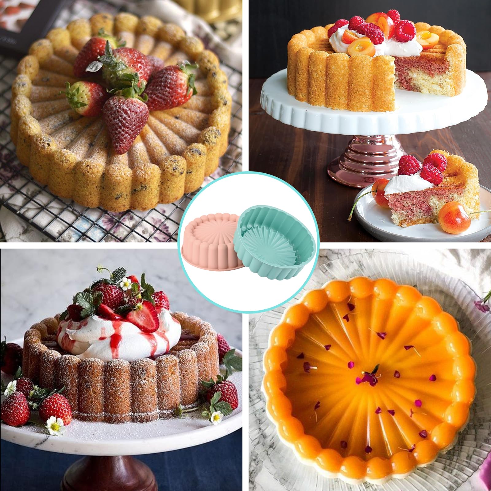 HUAKENER 2 Pcs Charlotte Cake Pan, 8 Inch Round Cake Pan, Nonstick Silicone Cake Molds for Cheese Cake, Chocolate Cake, Rainbow Cakes, Strawberry Shortcake, Brownie Tart Pie, Bule and Pink