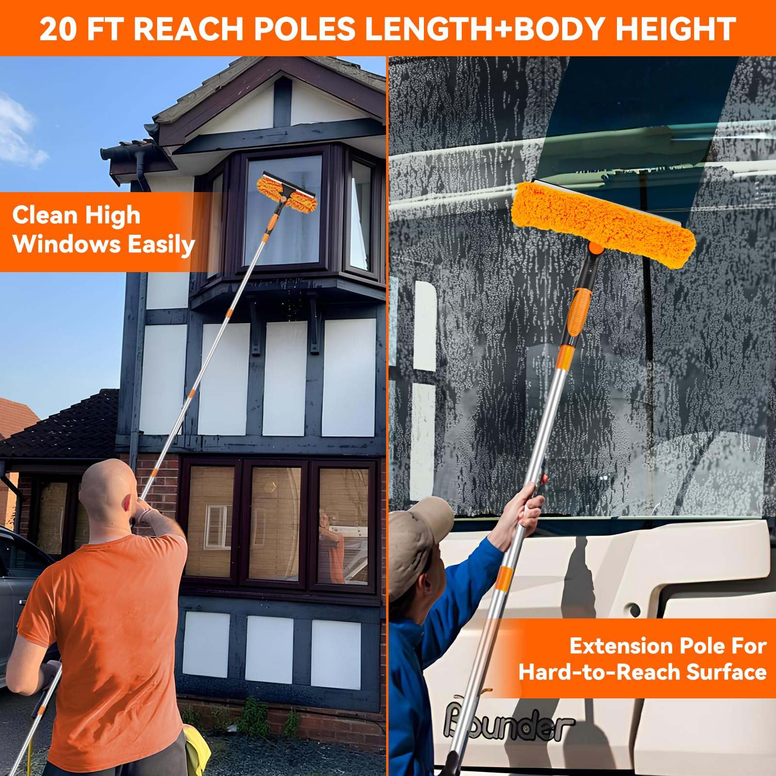Window Cleaning Tools Window Squeegee: 2 in 1 Double-Sided Professional Cleaner Window Washing Kit with Extension Pole 20+ Ft Duster for High Ceilings Microfiber Scrubber for Indoor Outdoor High Glass