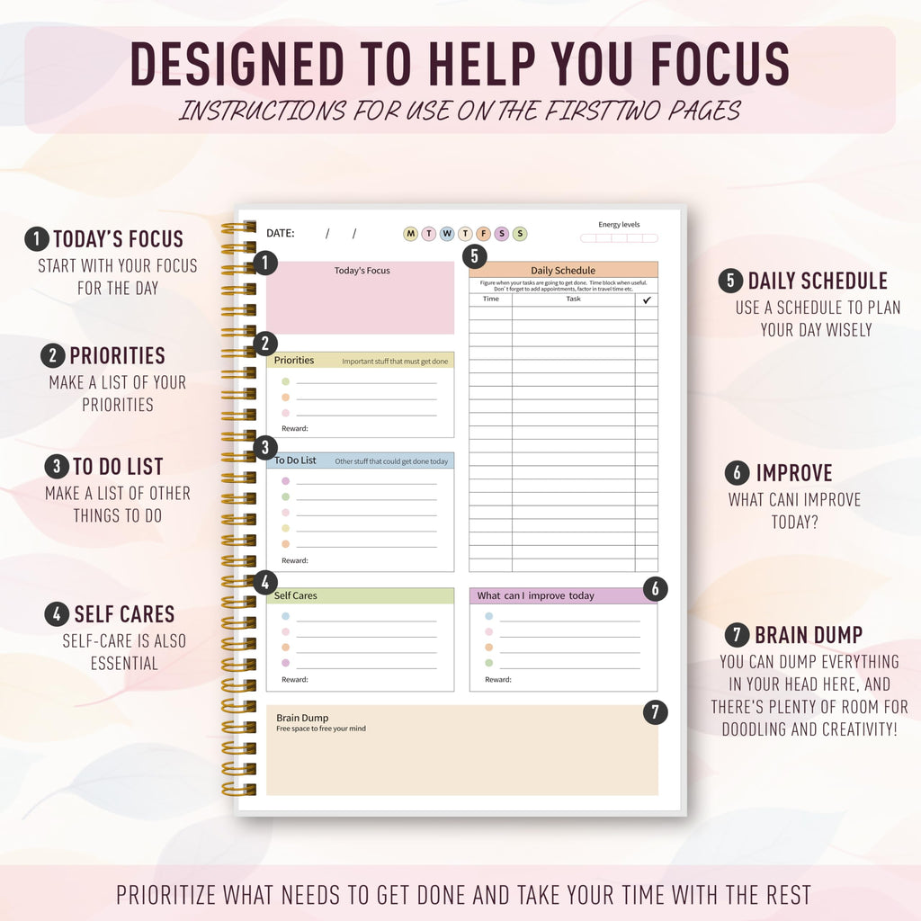 ADHD Planner for Women，Daily Productivity Planner with Task Management Organizer for Neurodivergent Adult,Teens , Self-Cares, Daily Schedule,To-Do List,Brain Dump,ADHD Journal with Cardboard Cover to