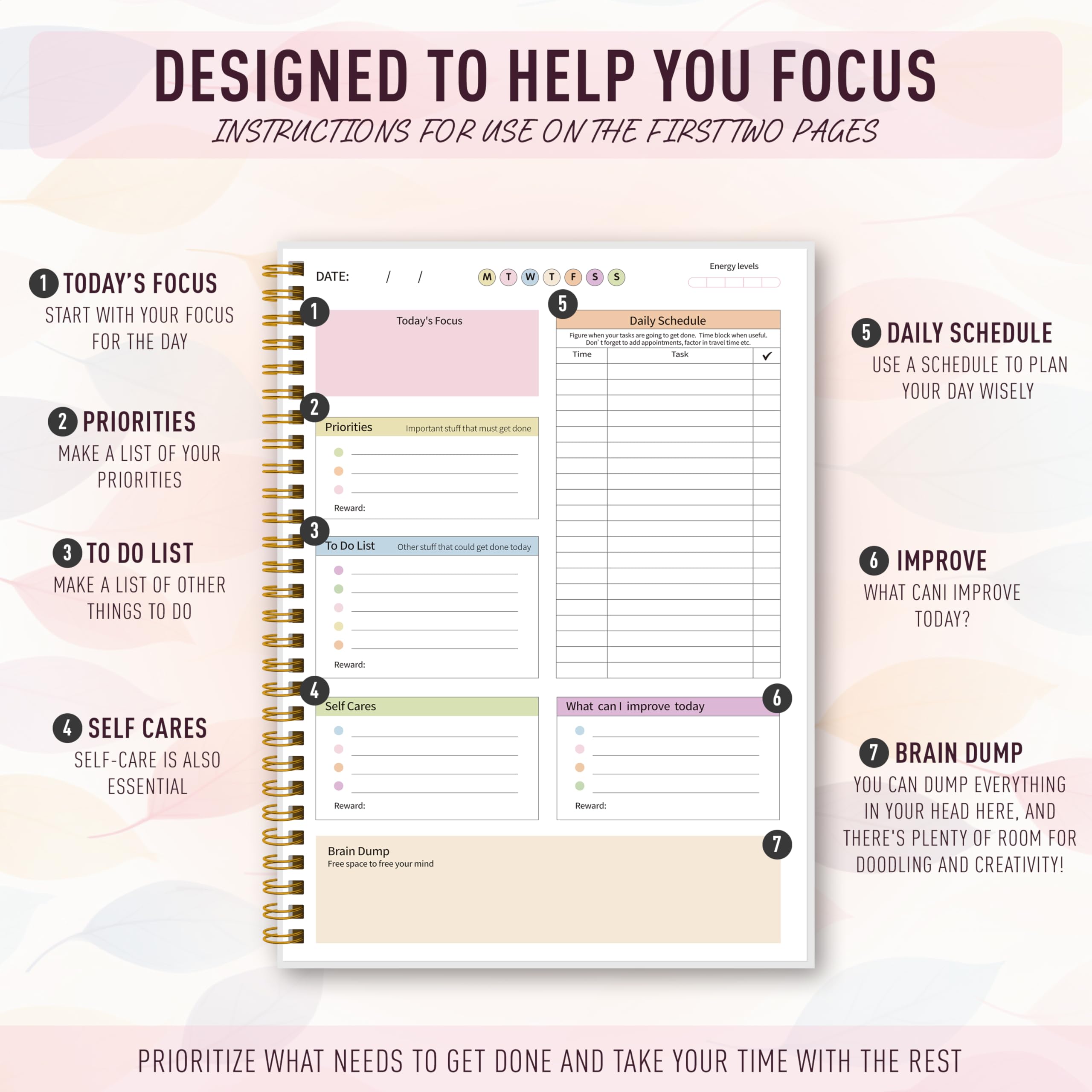 ADHD Planner for Women，Daily Productivity Planner with Task Management Organizer for Neurodivergent Adult,Teens , Self-Cares, Daily Schedule,To-Do List,Brain Dump,ADHD Journal with Cardboard Cover to