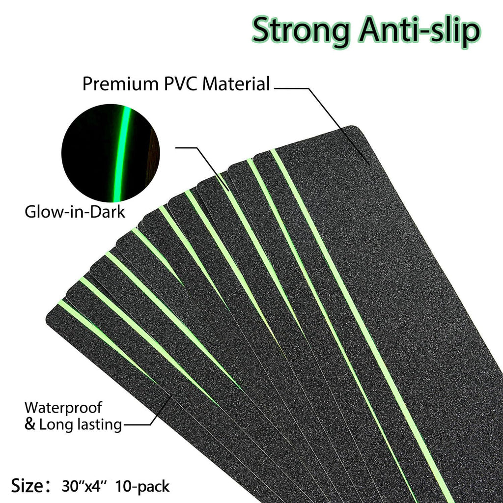 COSIMIXO 30" X 4"(10-Pack) Anti Slip Traction Treads with Glow in The Dark Stripe,Best Grip Tape Non Slip, Outdoor Non Skid Tape, High Traction Friction Abrasive Adhesive for Stairs Step
