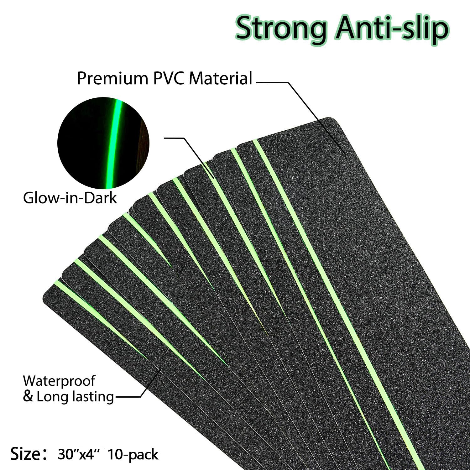 COSIMIXO 30" X 4"(10-Pack) Anti Slip Traction Treads with Glow in The Dark Stripe,Best Grip Tape Non Slip, Outdoor Non Skid Tape, High Traction Friction Abrasive Adhesive for Stairs Step