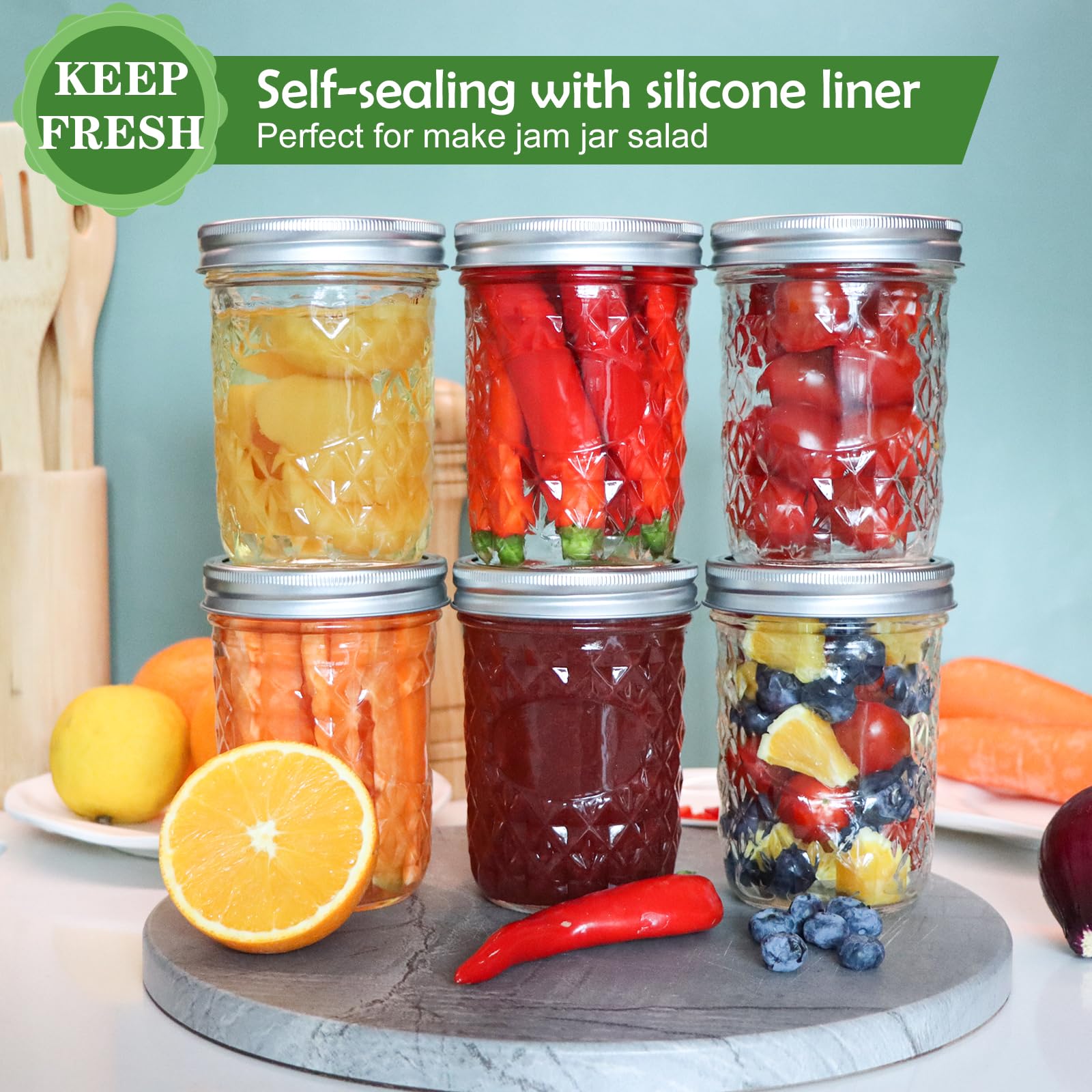 Wide Mouth Mason Jars, 16 oz Glass Canning Jars with Metal Lids and Bands, Set of 6