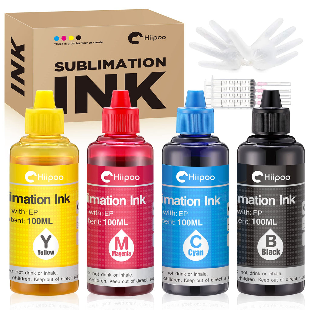 Hiipoo Sublimation Ink Refilled Bottles Work with WF7710 ET2760 ET2720 ET2803 ET2800 C88+ XP-4105 Inkjet Printer Heat Press Transfer on Mugs Plates T-Shirts Pillows Phone Case（B/C/M/Y）…