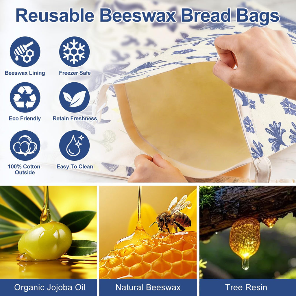 Yoikun Beeswax Bread Bags, 2 Pack Reusable Bread Bag Large – Natural Linen Cotton Food Storage Covers for Sourdough & Homemade Bread, Freezer Safe, Easy to Clean, Eco-Friendly Freshness Keeper