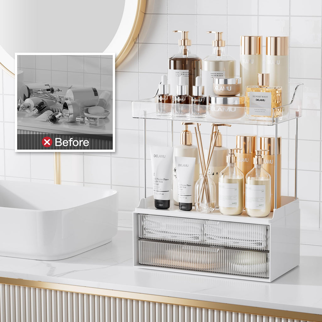 Delamu 2-Tier 2-Drawer Bathroom Organizer Countertop, Multi-Purpose Makeup Organizer Countertop, Large Skincare Organizers, Exquisite Vanity Organizer, Clear