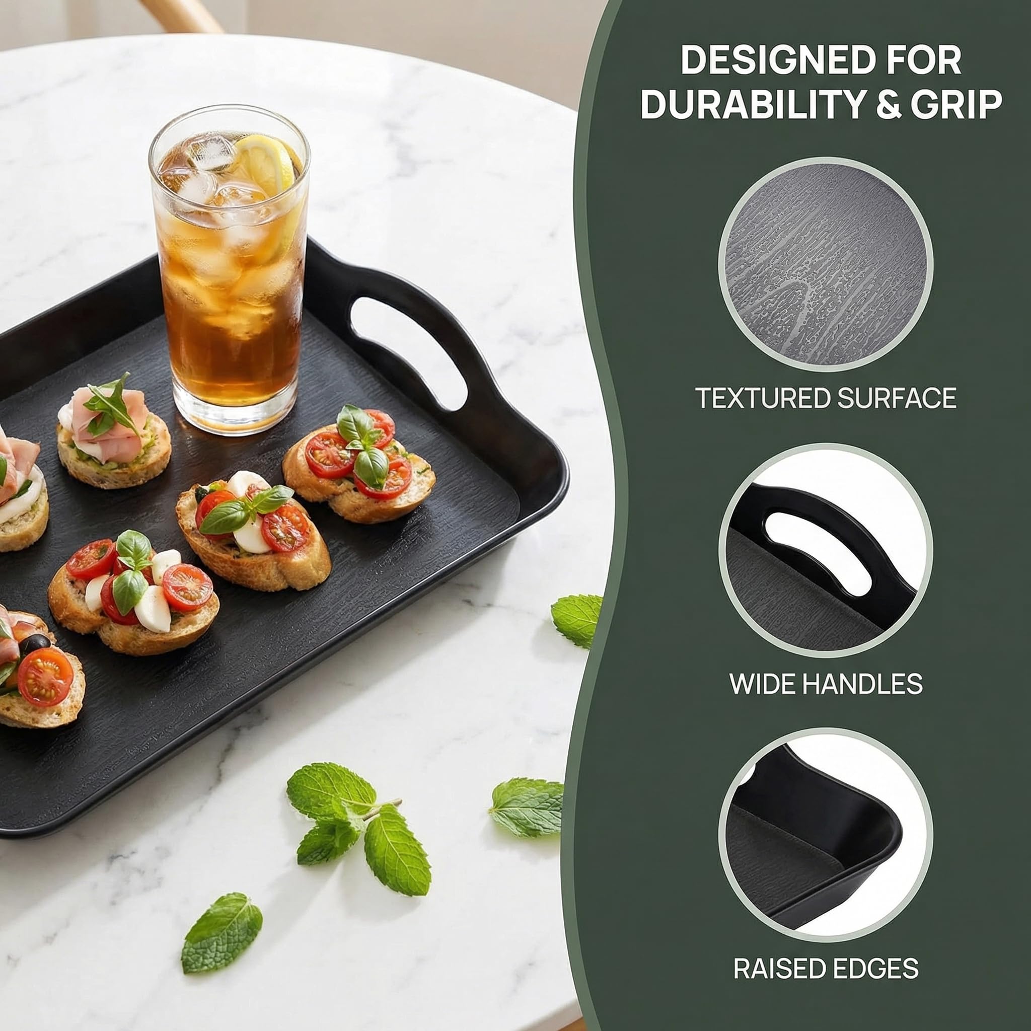 Cedilis 3 Pack Black Serving Trays with Handles,16 x 11IN Rectangular Non Skid Multi-Purpose Plastic OttomanTray for Restaurant, Parties, Coffee Table