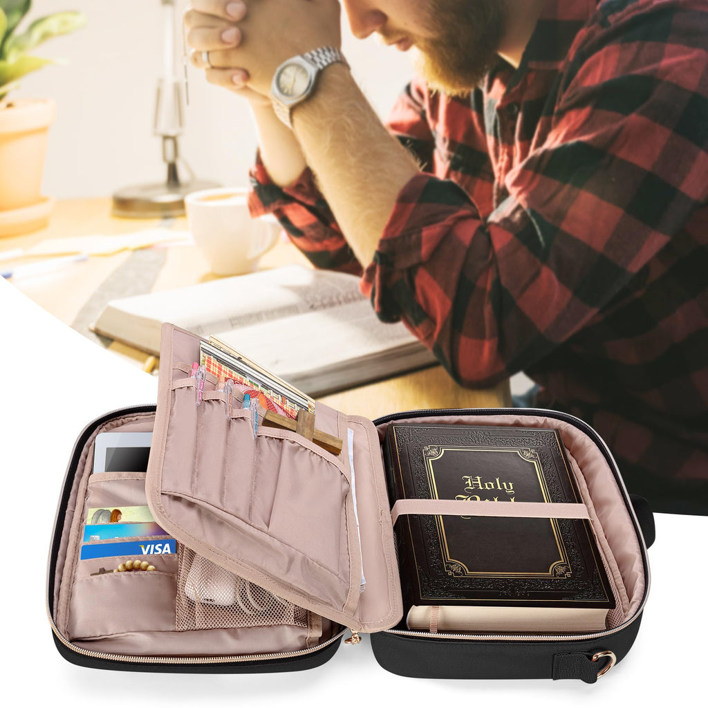 Teamoy Bible Cover for Men Women, Large Bible Book Cover Church Bag Carrying Case with Shoulder Strap and Detachable Pen Slots, Black Quilted