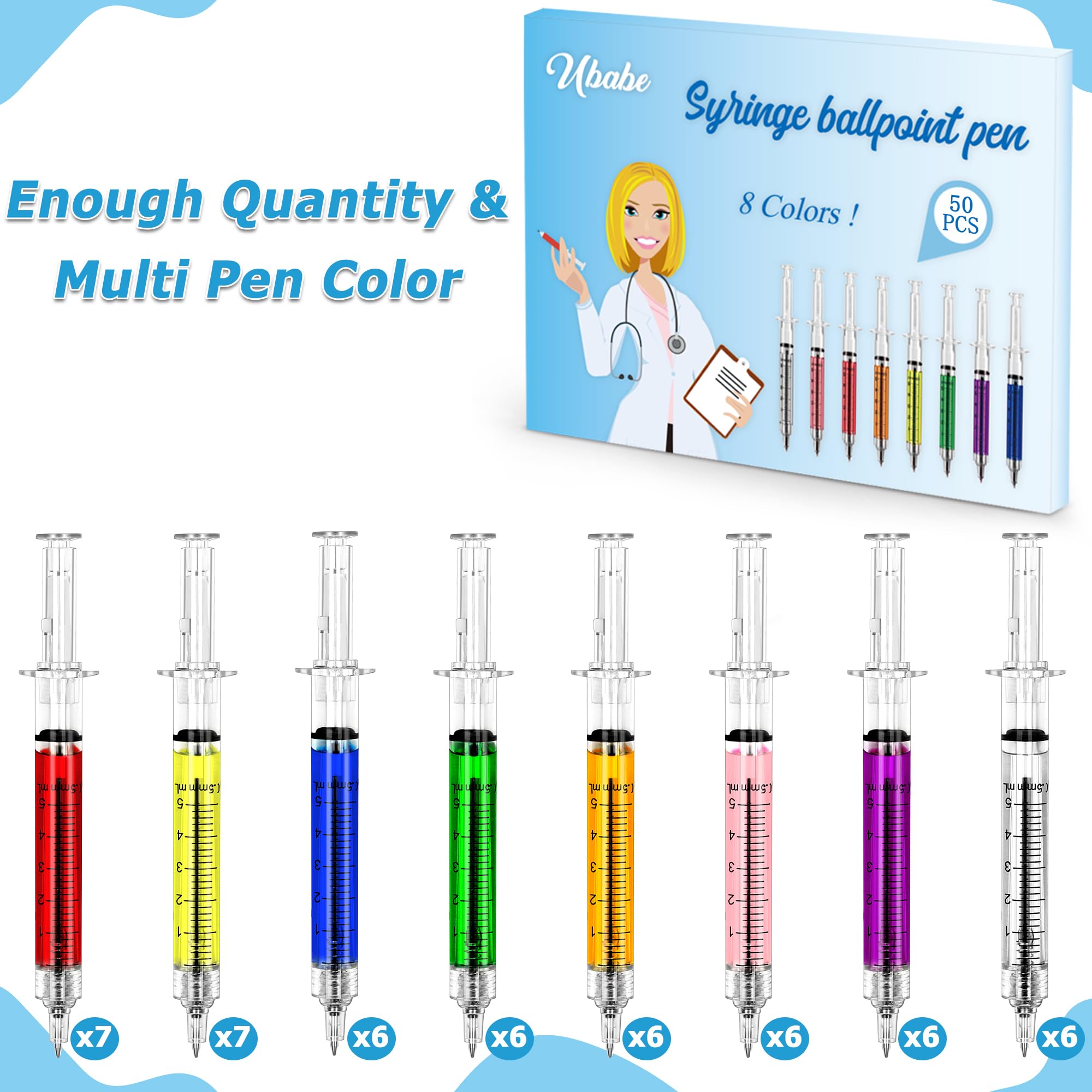 Ubabe 50 PCS Nursing Pens, Retractable Syringe Pens for Nurses, Multi-Color Nurse Pens, Funny Nurses Week Gifts Bulk, Black Ink Novelty Ballpoint Pens for Medical Assistants Student Hospital Nurse