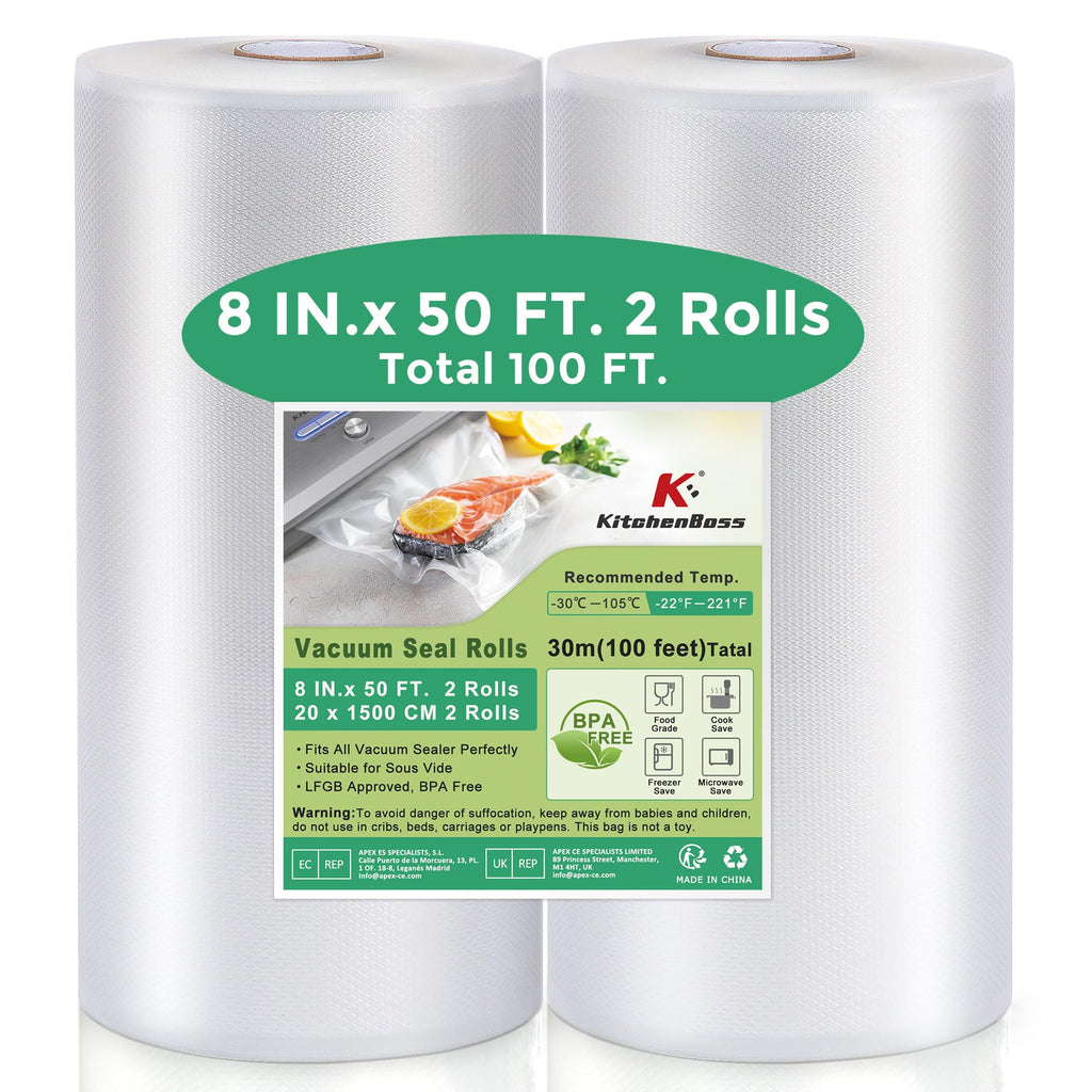 KitchenBoss Vacuum Sealer Bags Rolls: 8'' x 50' 2 Pack Sac Sous Vide for Food Saver, BPA Free, Commercial Grade Food Vac Seal Roll, Food Saver Bag 100FT in Total (8IN* 50FT 2 Rolls)