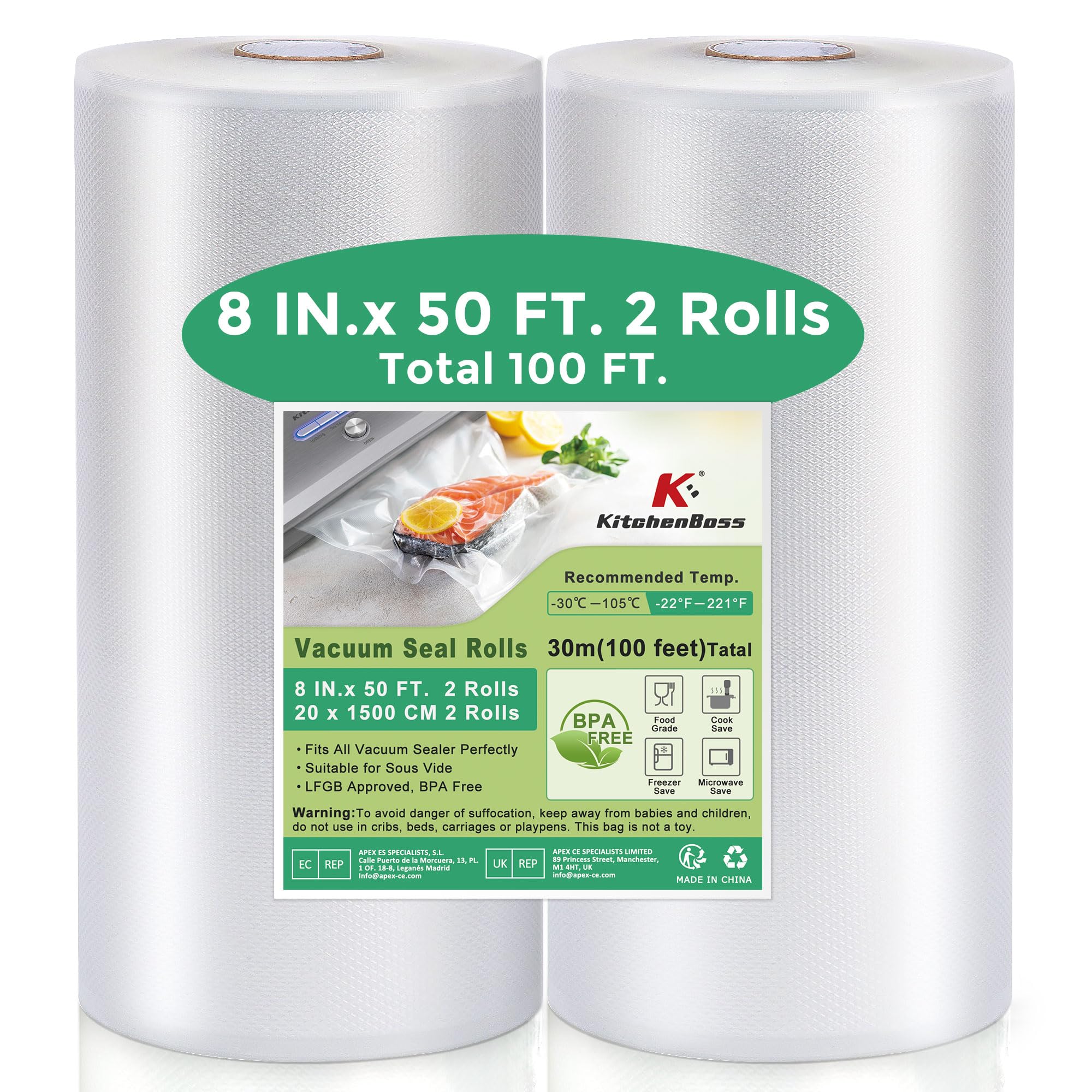 KitchenBoss Vacuum Sealer Bags Rolls: 8'' x 50' 2 Pack Sac Sous Vide for Food Saver, BPA Free, Commercial Grade Food Vac Seal Roll, Food Saver Bag 100FT in Total (8IN* 50FT 2 Rolls)
