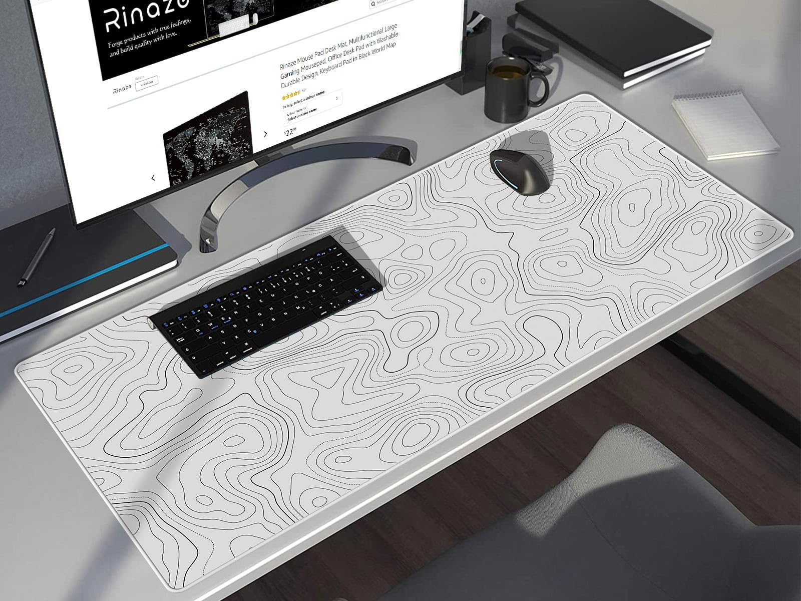 Rinaze Large Gaming Mouse Pad Desk Mat with White Topographic, Anti-Slip Keyboard Pad with Multifunctional, Comfortable Big XXL Mousepad, Office Desk Accessories for Computer, Home and Gaming