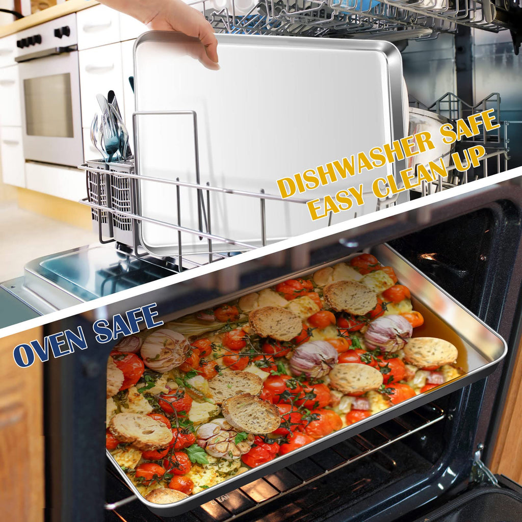 P&P CHEF Baking Cookie Sheet, Stainless Steel Baking Pan Oven Tray, Rectangle 17.3” x 13” x 1”, Non Toxic & Durable Use, Mirror Finished & Dishwasher Safe