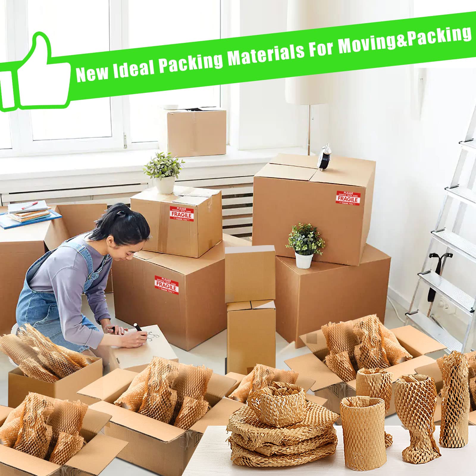 Honeycomb Packing Paper, MINHAO 15"x230' Eco Friendly Packing Paper for Moving Recyclable Honeycomb Paper Moving Supplies Bubble Wrapping Protective Roll, With 36 Fragile Sticker Labels