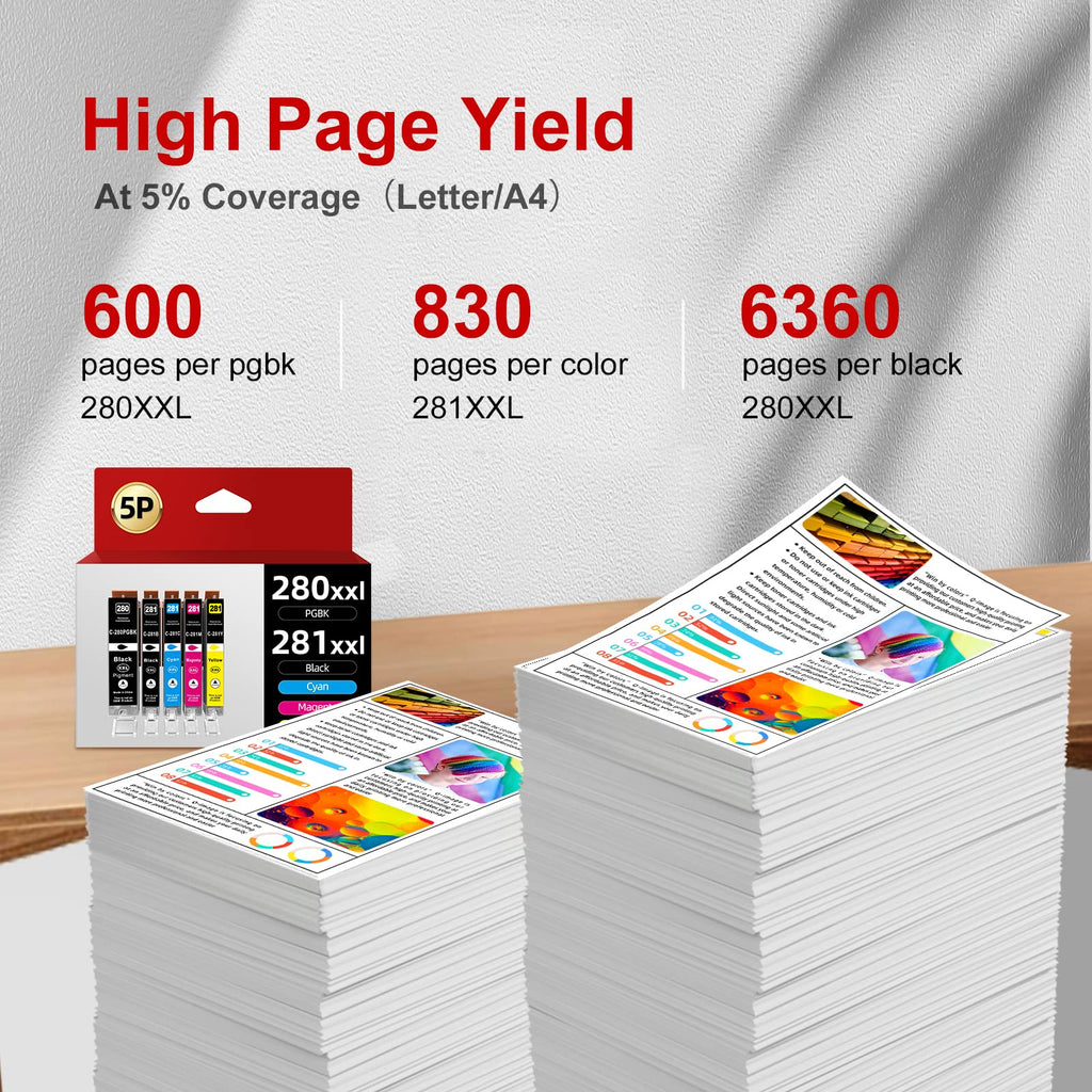 5 Pack PGI-280XXL CLI-281XXL Compatible Ink Cartridge Replacement for Canon 280 XXL 281 XXL use with PIXMA TR7520 TR7620 TR8520 TS6120 TS6220 TS8120 TS8220 TS9120 TS9520 TS6320 TS9521C
