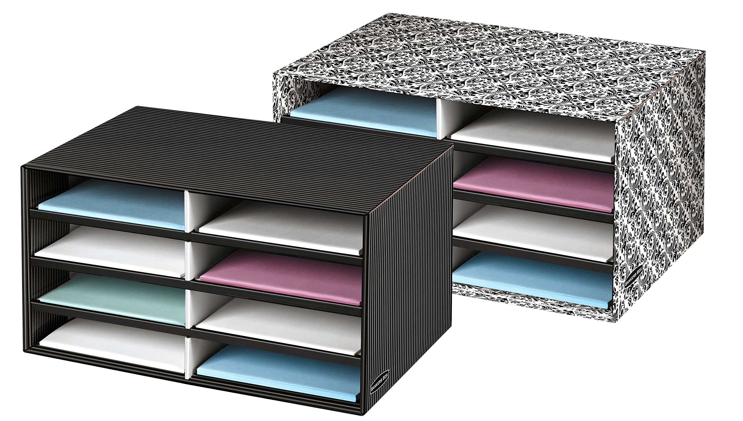 Bankers Box Decorative Eight Compartment Literature Sorter, Letter, Black/White Brocade (6170301)