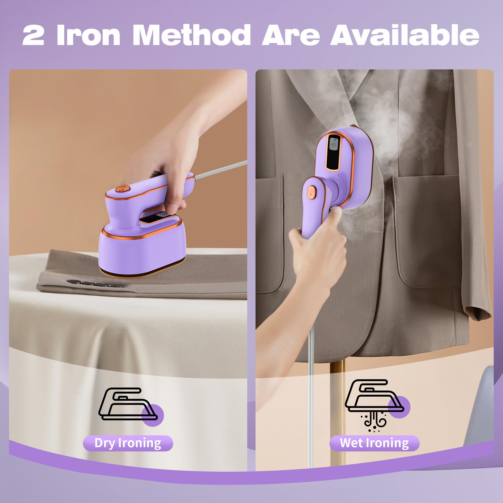 Portable Travel Steamer for Clothes, 2 in 1 Small Spray, 180° Rotating Handle, Lightweight, Quick-Heating, Easy to Use (Purple)