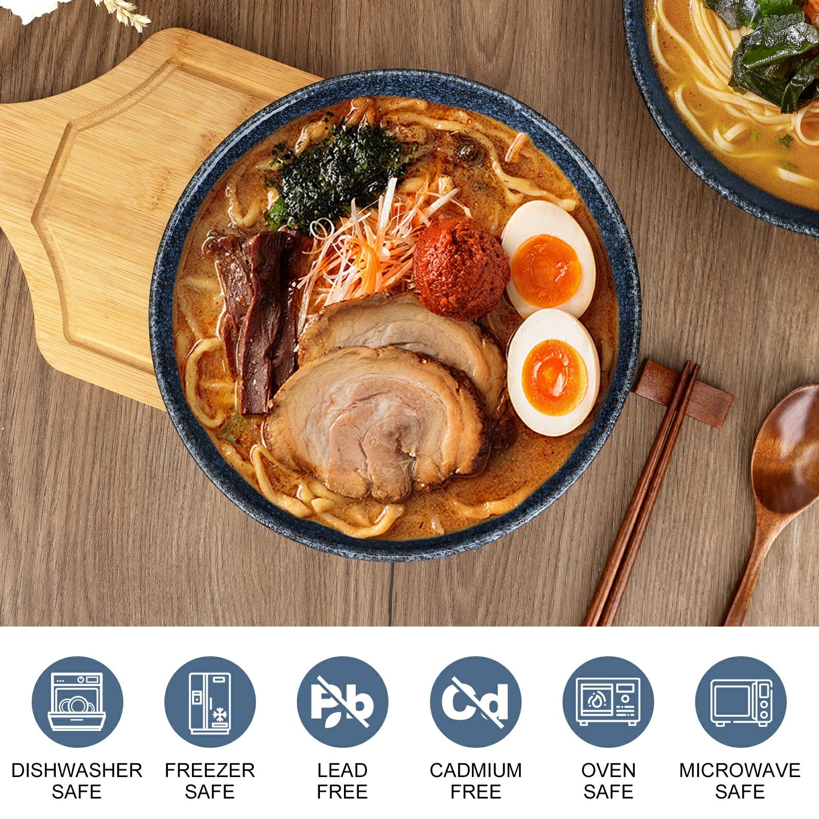 Ceramic Ramen Bowl Set of 2,35.5oz Japanese Ramen Bowls Soup Bowls Set with Spoon and Chopsticks and Chopstick Holders for Udon Soba Pho Asian Noodles (Blue-Grey)