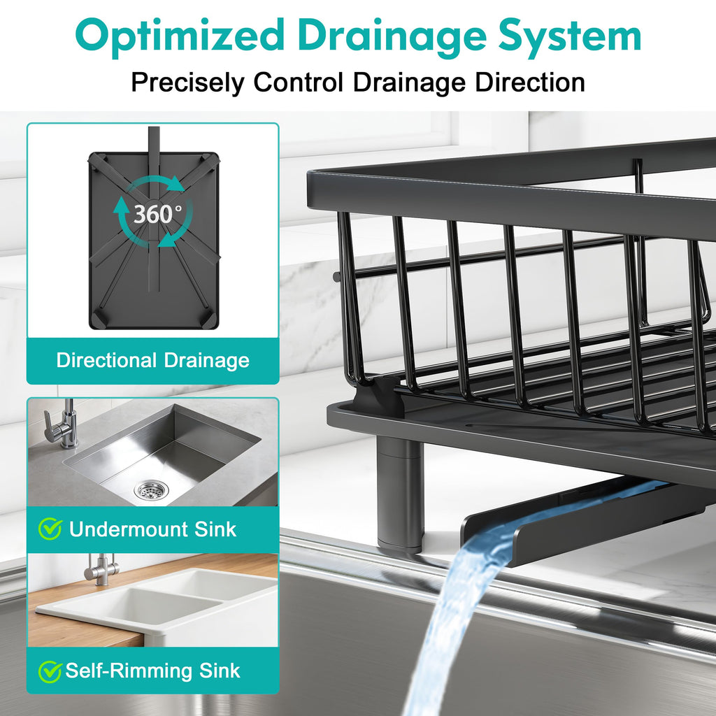MAJALiS Stainless Steel Dish Drying Rack with Drain Board for Kitchen Counter, Rust Proof Small Dish Drainer with Drainage, Black Iron Dish Storage Organizer, Cutlery Holder and Extra Dryer Tray