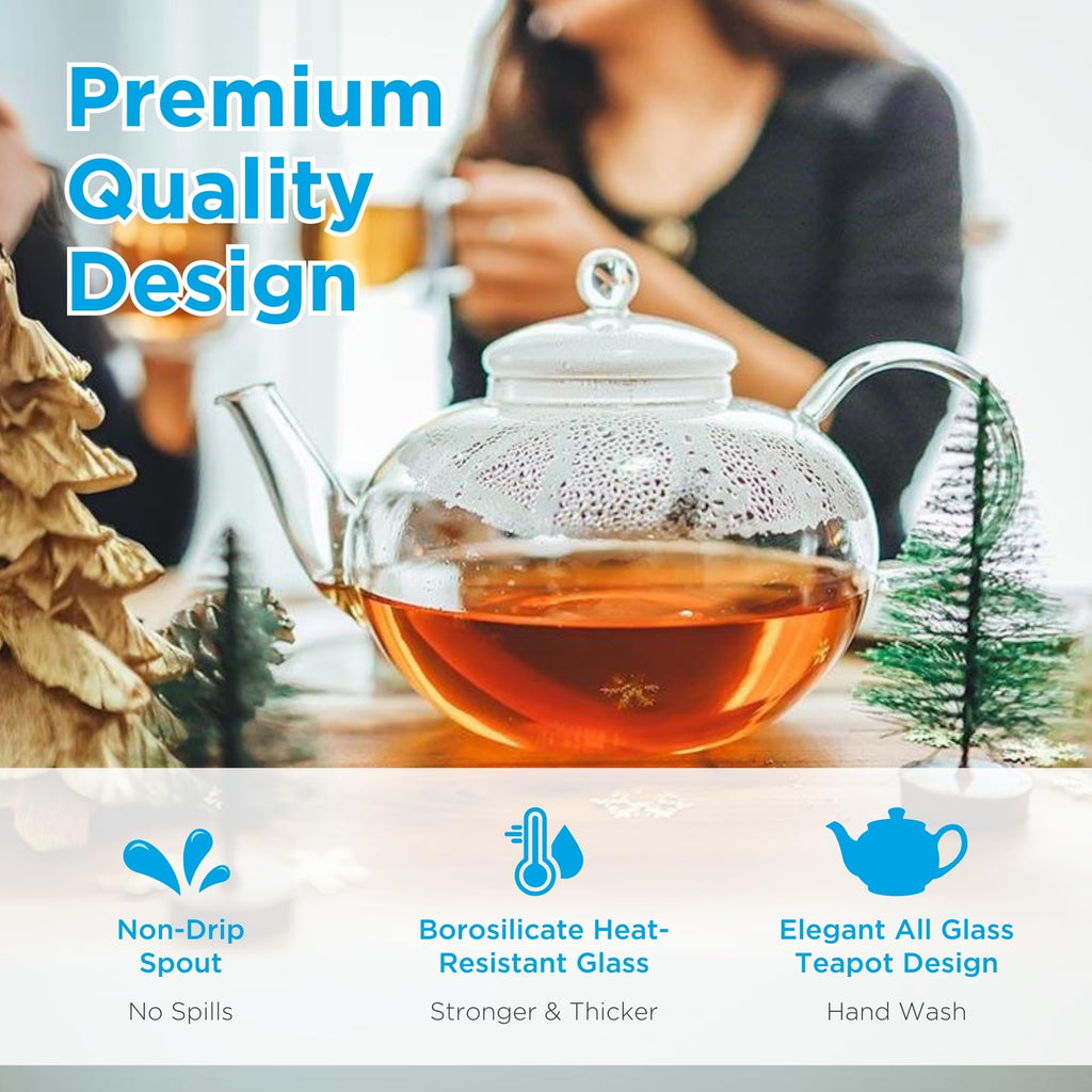 GROSCHE Monaco Glass Tea pot with infuser 1250 ml 42 fl. oz capacity. Glass Teapot with glass tea infuser, heatproof glass for loose leaf tea or blooming tea