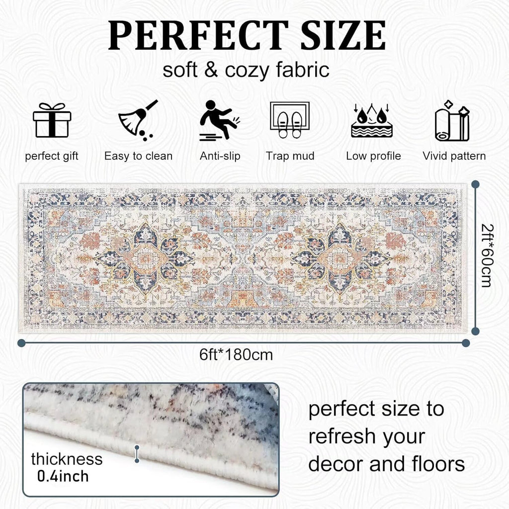 Grosrues Hallway Runner Rug 2'x6' Washable Non Slip Area Carpet - Soft Throw for Bedroom, Water Absorbent Entryway Rug Runner - Indoor Entrance Floor Mat for Kitchen Laundry Room