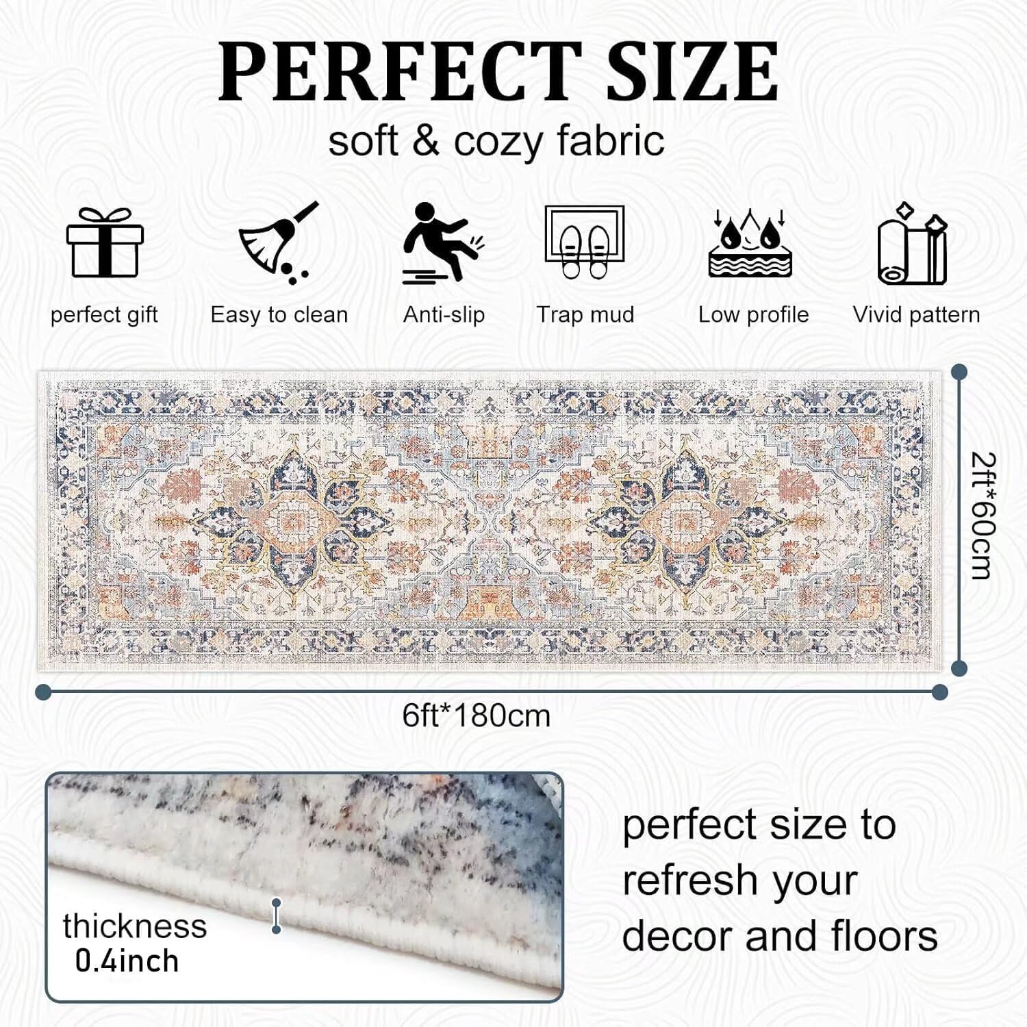 Grosrues Hallway Runner Rug 2'x6' Washable Non Slip Area Carpet - Soft Throw for Bedroom, Water Absorbent Entryway Rug Runner - Indoor Entrance Floor Mat for Kitchen Laundry Room
