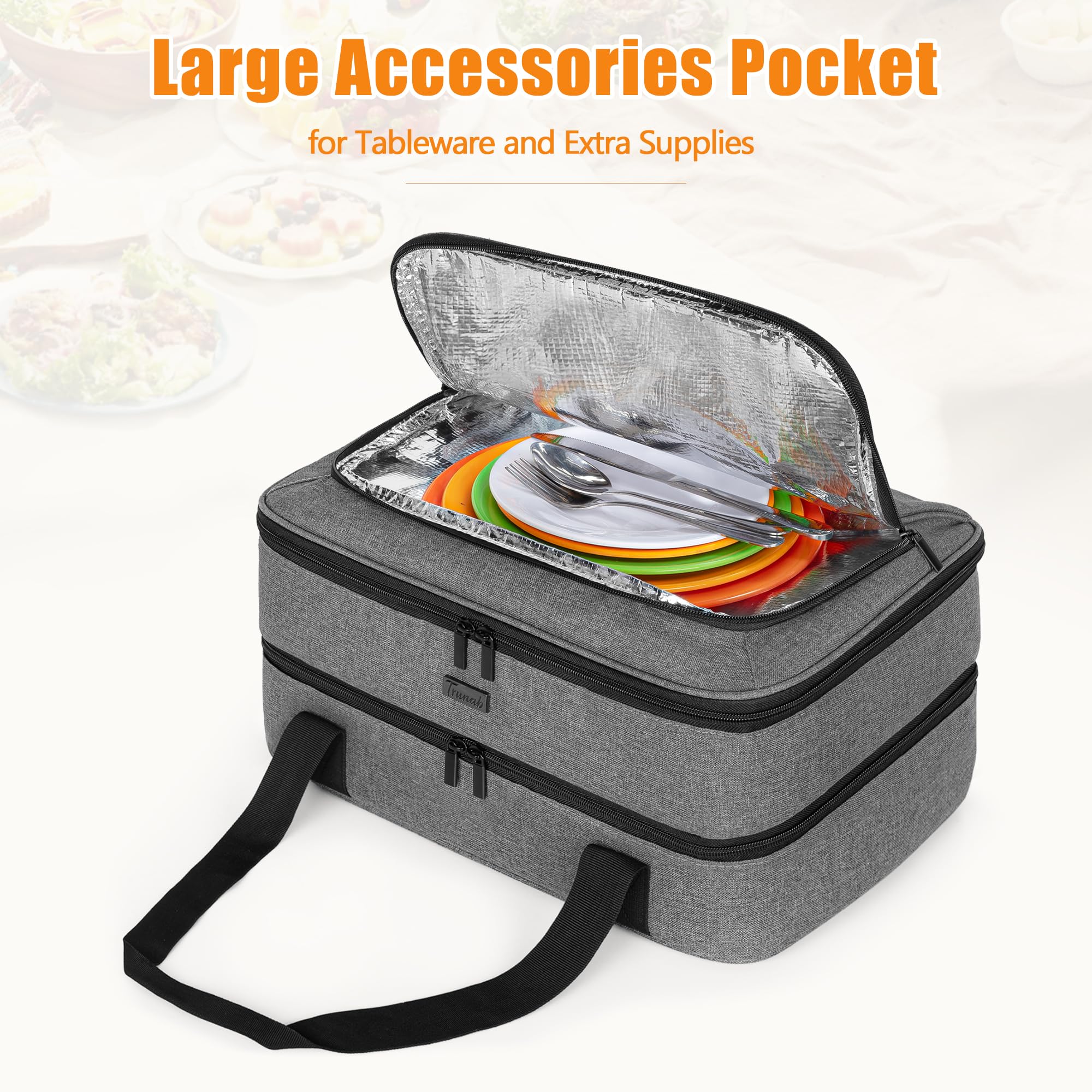 Trunab Double Decker Casserole Carrier for Hot or Cold Food Insulated Thermal Tote Bag for Picnic, Fits 9"×13" Baking Dish, Grey (Patented Design)