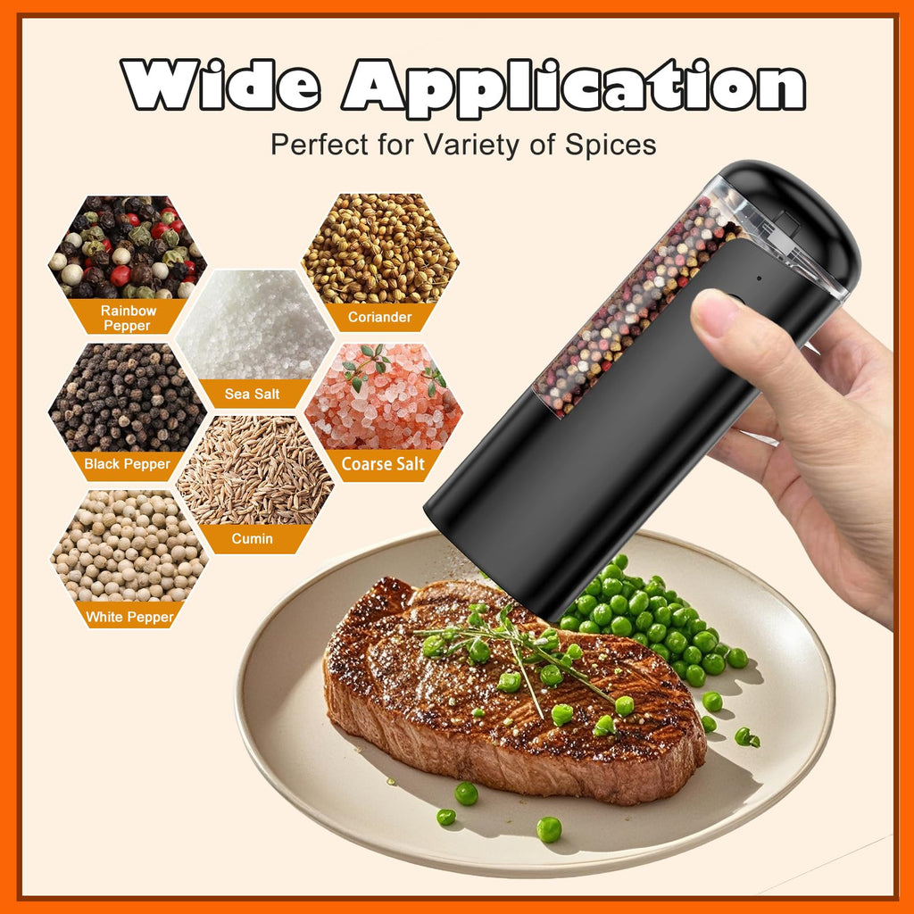 Rechargeable Salt and Pepper Grinder Set - Automatic Electric Salt and Pepper Mill with Type-C Charging Cable, White Light, Adjustable Coarseness, One Hand Operation, Black, 2 Pack