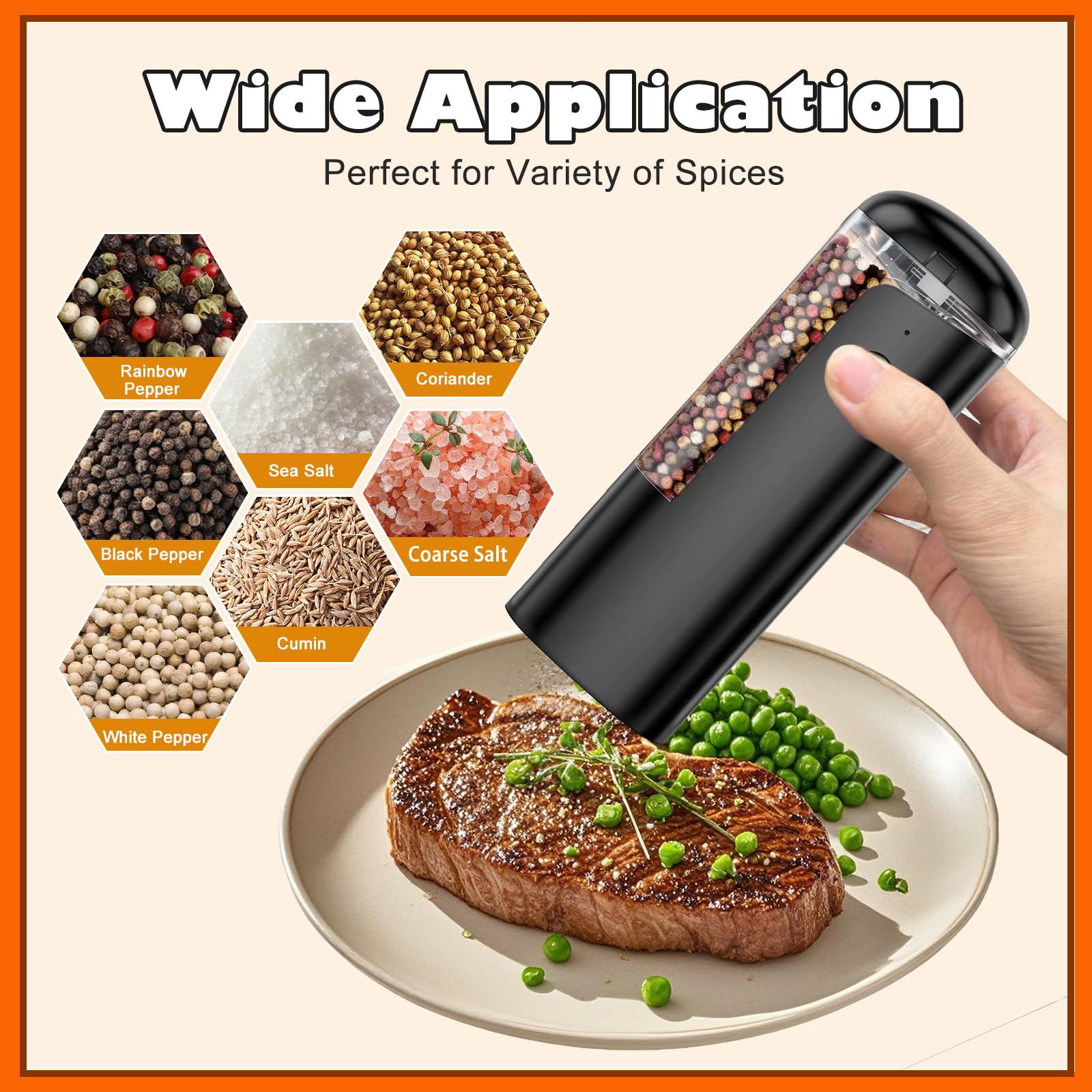 Rechargeable Salt and Pepper Grinder Set - Automatic Electric Salt and Pepper Mill with Type-C Charging Cable, White Light, Adjustable Coarseness, One Hand Operation, Black, 2 Pack
