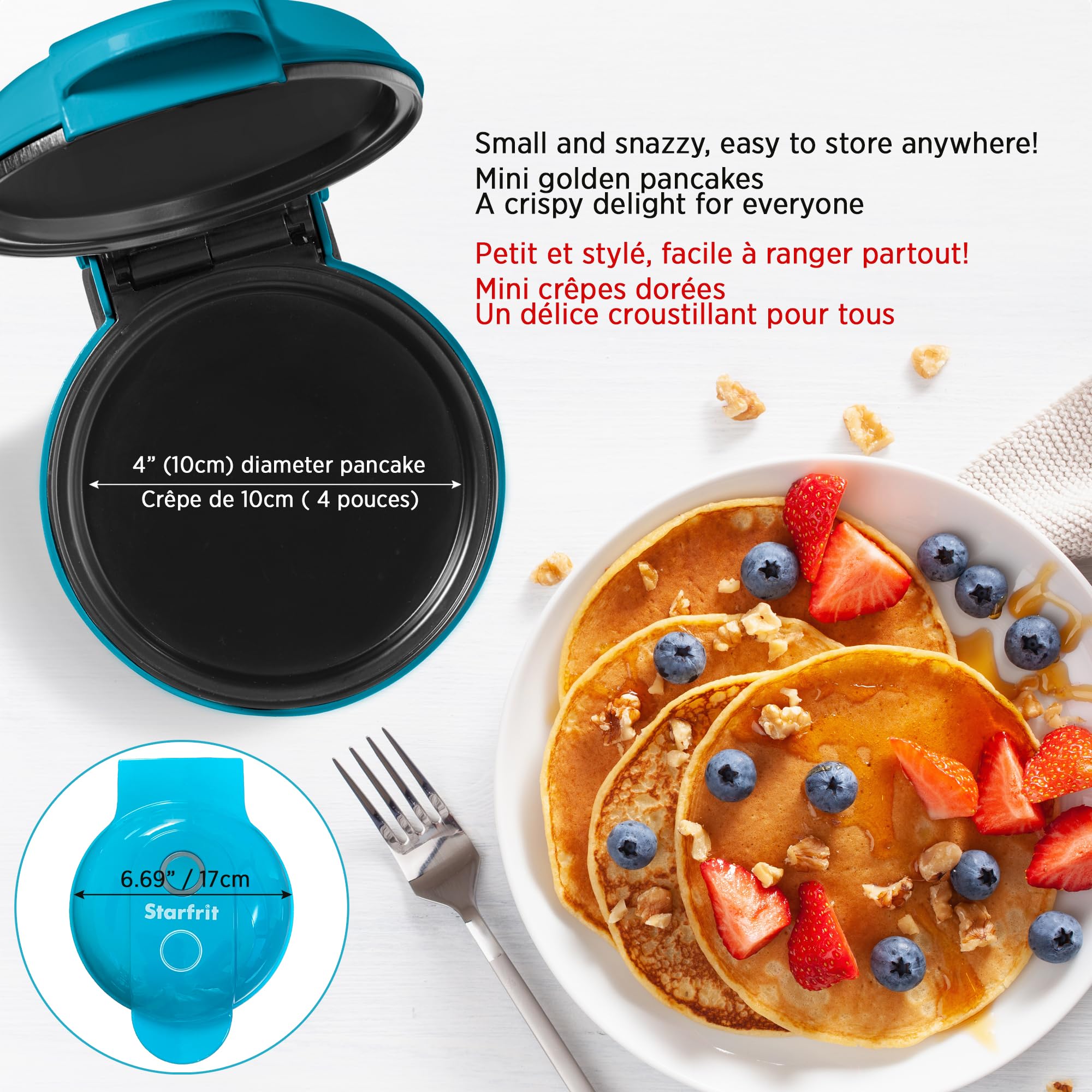 Starfrit Electric Mini Pancake Maker - 4" Non-Stick Cooking Surface - Easy to Use & Clean - Blue - 300W