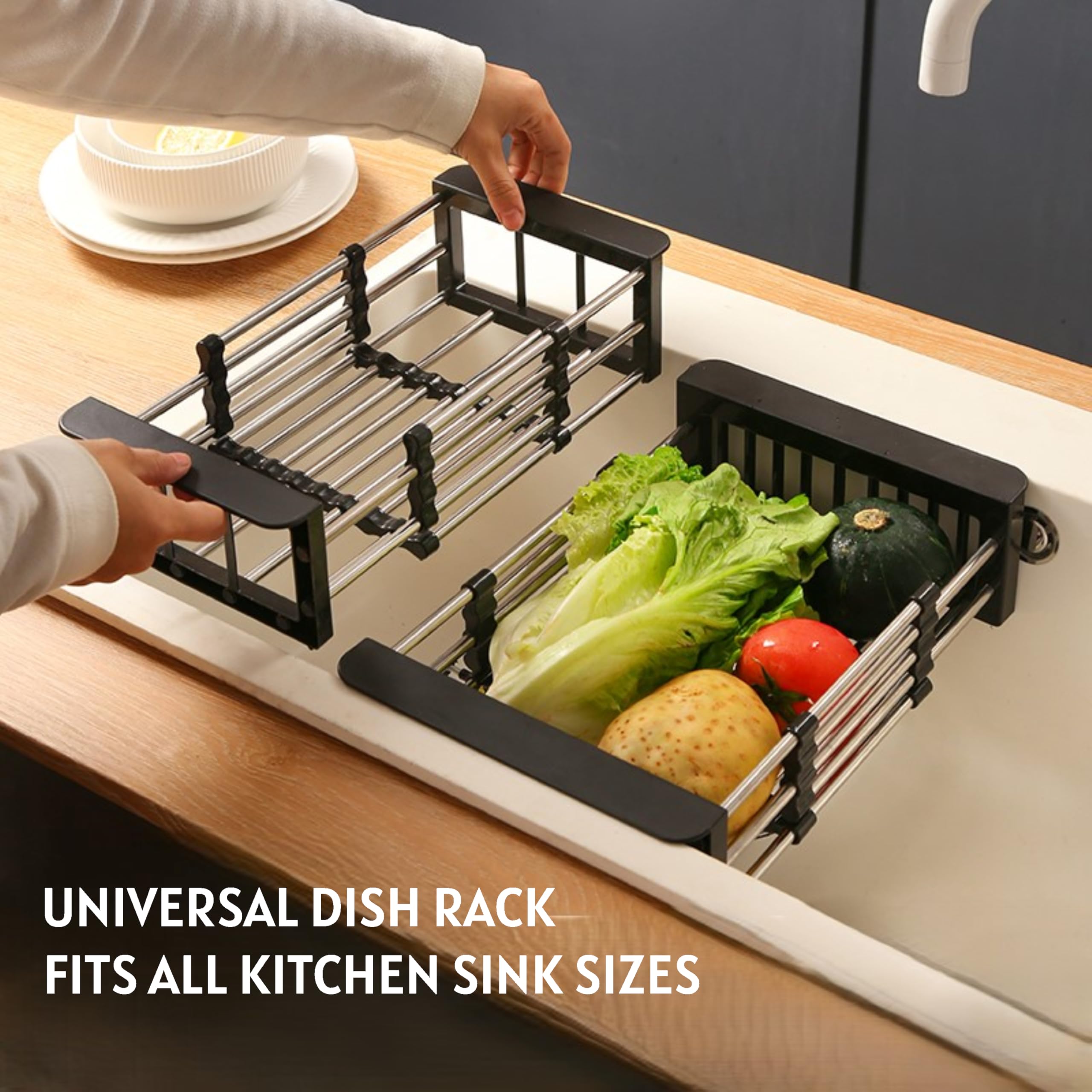 Over-Sink Dish Drying Rack, Expandable Stainless Steel, Non-Slip Kitchen Drainer